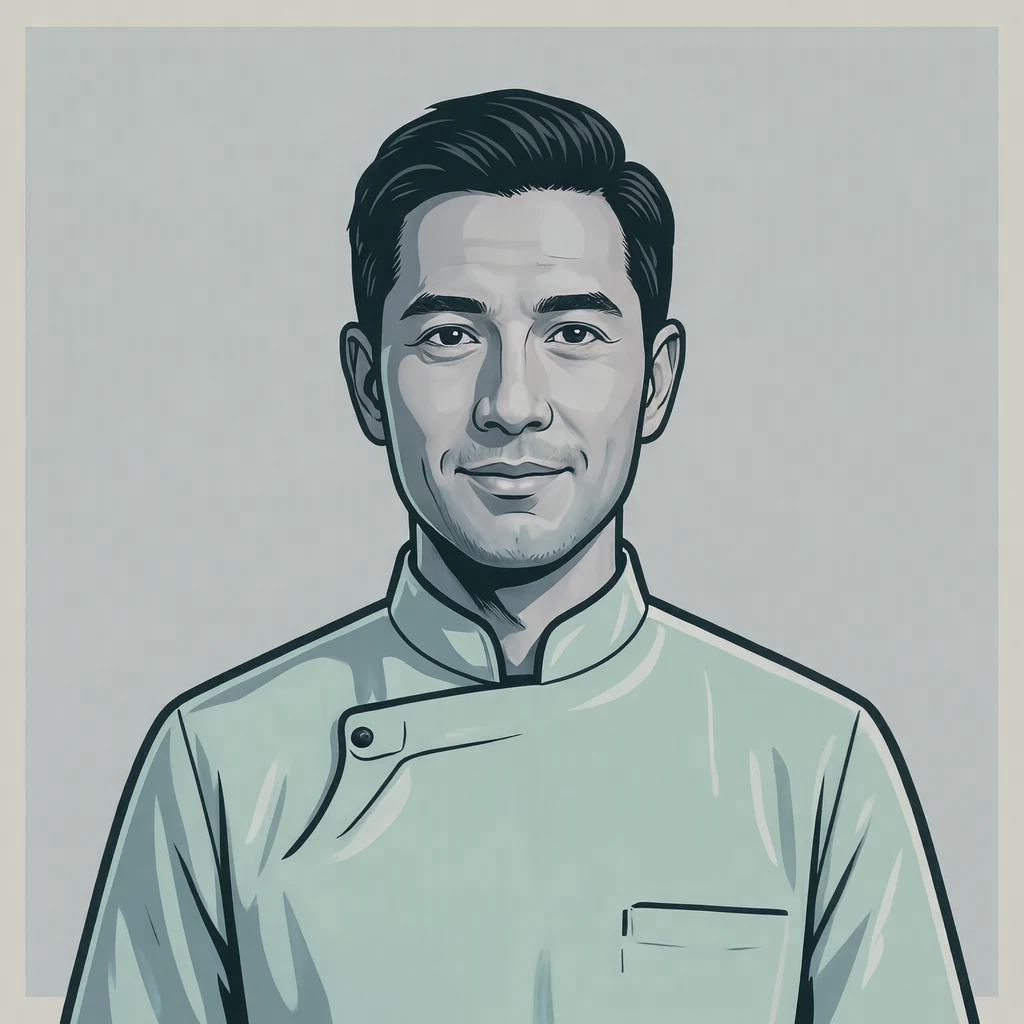 Illustration of one man in a pale mint dental tunic with a raised collar and neat black hair, his head and shoulders seen straight from the front with both eyes looking at the viewer and a calm closed-mouth expression, closely cropped so the head and shoulders fill most of the picture, hands not visible, a plain pale background behind him, the lower edge left as empty background with nothing written on it (bold graphic)
