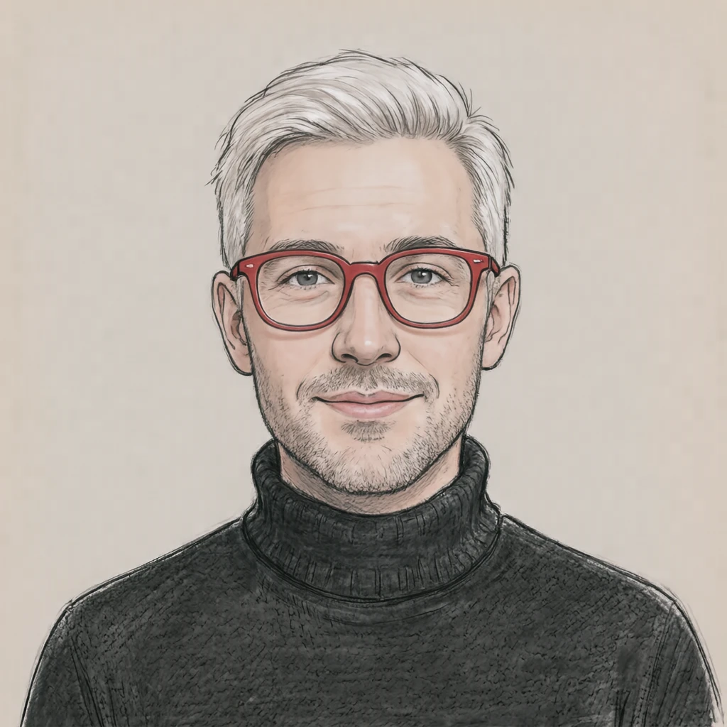 Illustration of one man in a black turtleneck with red framed glasses and a platinum crop, his head and shoulders seen straight from the front with both eyes looking at the viewer and a calm closed-mouth expression, closely cropped so the head and shoulders fill most of the picture, hands not visible, a plain pale background behind him, the lower edge left as empty background with nothing written on it (hand-drawn)