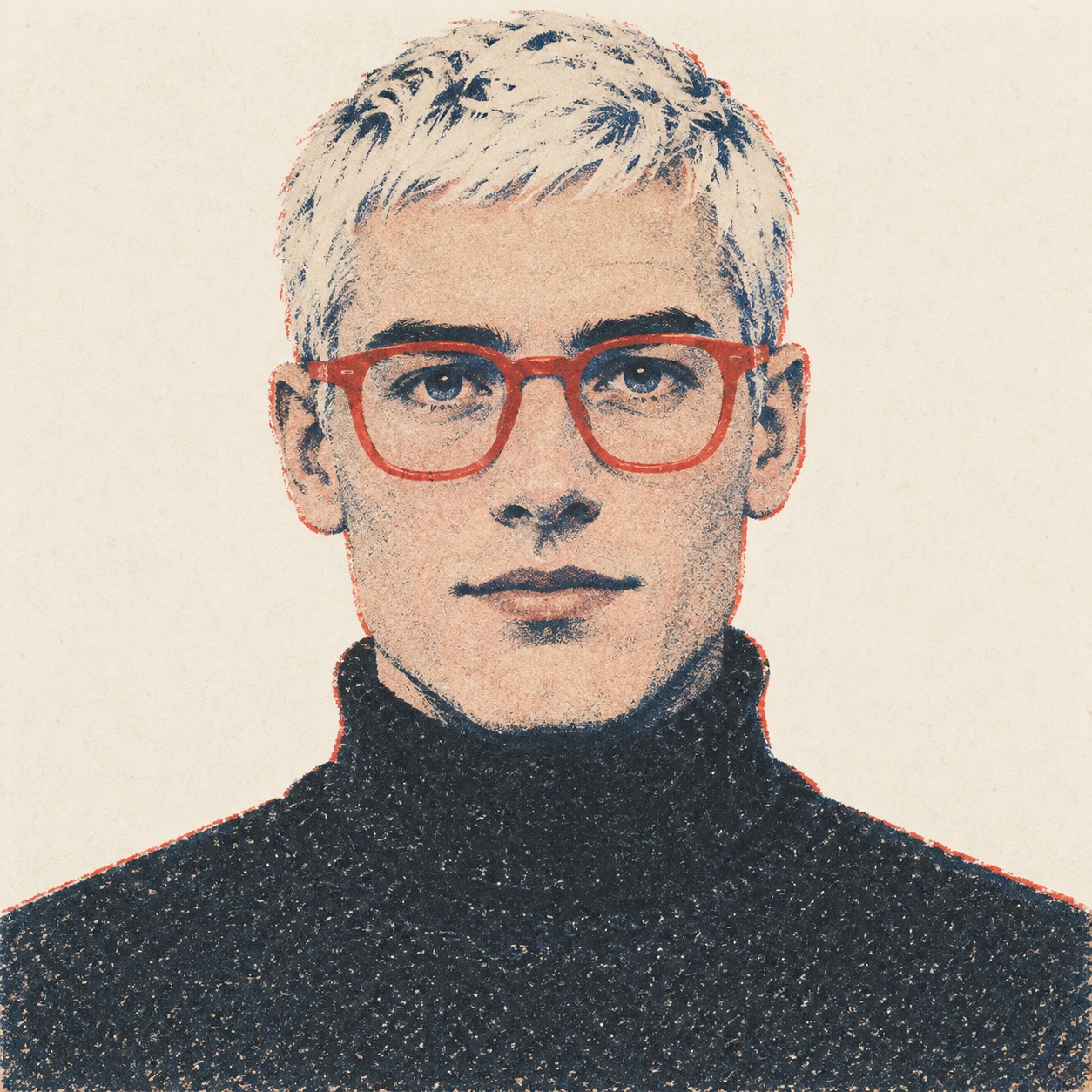 無地を背にした正面向きの黒タートルネックと赤縁眼鏡の男性のイラスト（レトロ印刷）