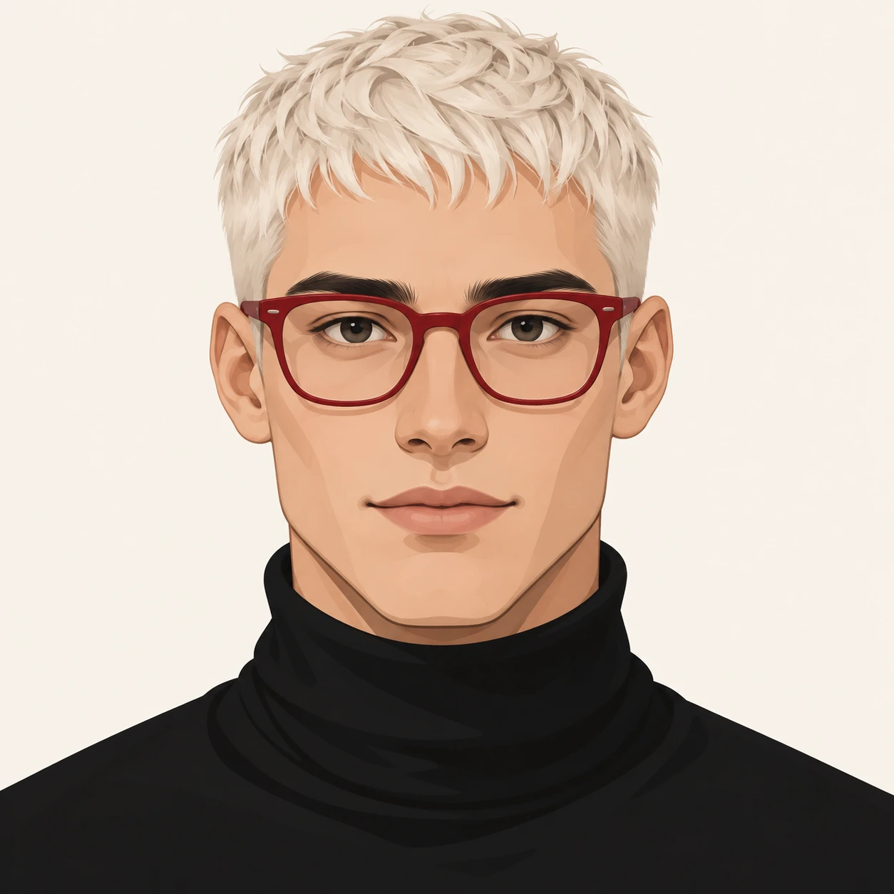 Illustration of one man in a black turtleneck with red framed glasses and a platinum crop, his head and shoulders seen straight from the front with both eyes looking at the viewer and a calm closed-mouth expression, closely cropped so the head and shoulders fill most of the picture, hands not visible, a plain pale background behind him, the lower edge left as empty background with nothing written on it (flat illustration)