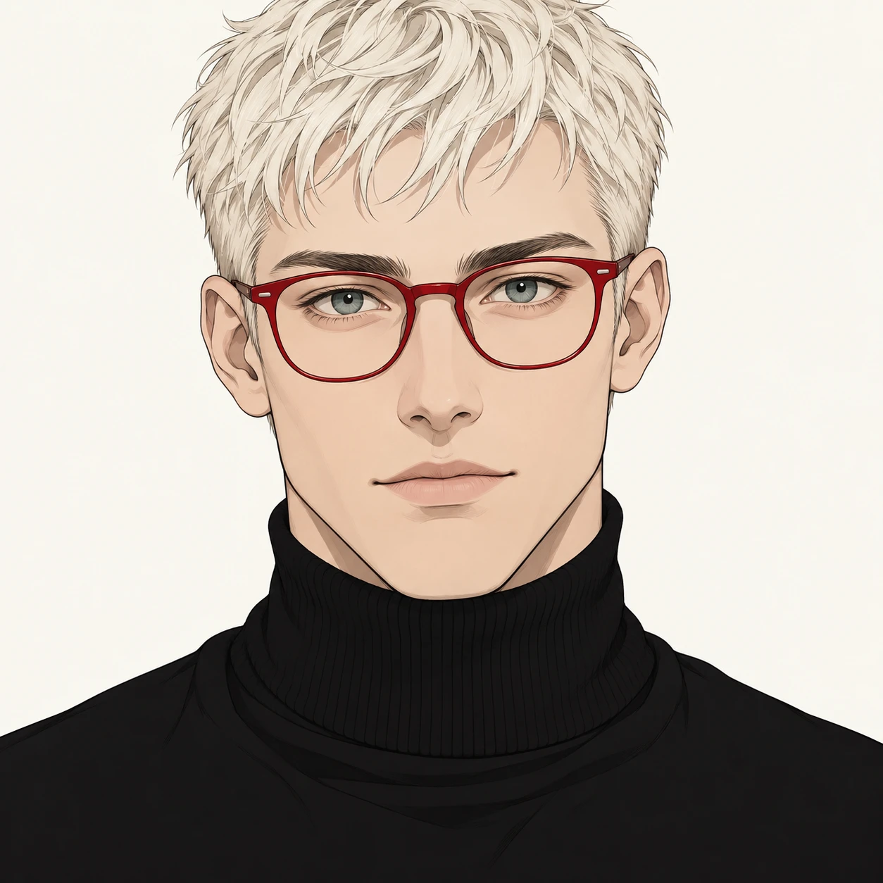 Illustration of one man in a black turtleneck with red framed glasses and a platinum crop, his head and shoulders seen straight from the front with both eyes looking at the viewer and a calm closed-mouth expression, closely cropped so the head and shoulders fill most of the picture, hands not visible, a plain pale background behind him, the lower edge left as empty background with nothing written on it (simple line art)