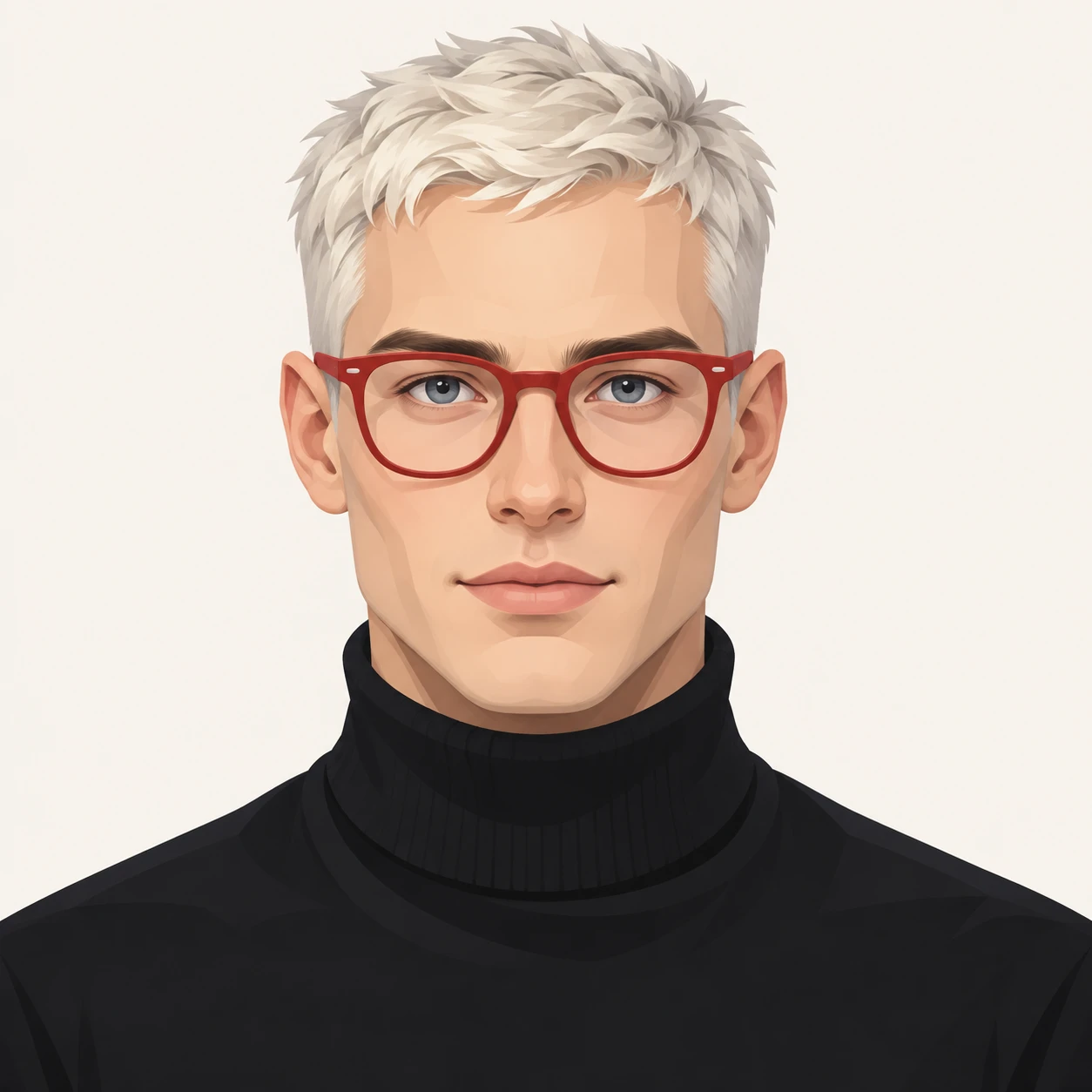 無地を背にした正面向きの黒タートルネックと赤縁眼鏡の男性のイラスト（アイソメトリック）