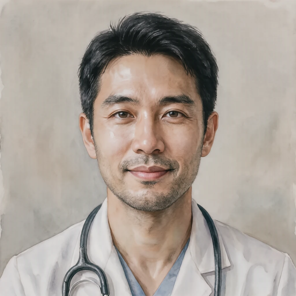 Illustration of one man in a white medical coat with a stethoscope resting around his neck and short black hair, his head and shoulders seen straight from the front with both eyes looking at the viewer and a calm closed-mouth expression, closely cropped so the head and shoulders fill most of the picture, hands not visible, a plain pale background behind him, the lower edge left as empty background with nothing written on it (watercolor)