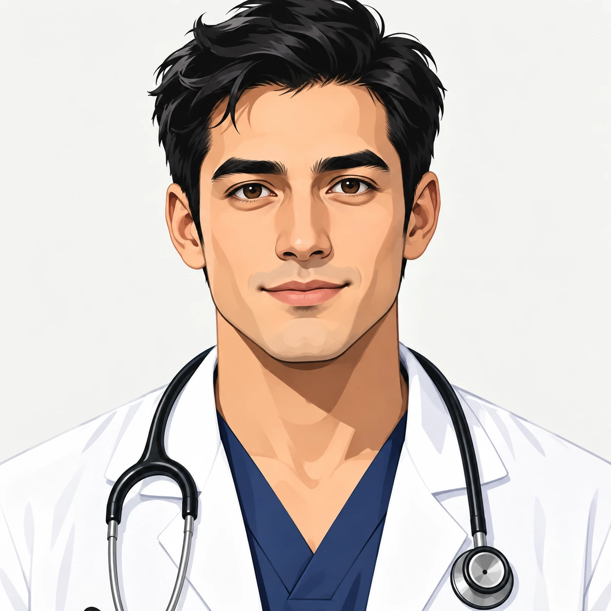 Illustration of one man in a white medical coat with a stethoscope resting around his neck and short black hair, his head and shoulders seen straight from the front with both eyes looking at the viewer and a calm closed-mouth expression, closely cropped so the head and shoulders fill most of the picture, hands not visible, a plain pale background behind him, the lower edge left as empty background with nothing written on it (bold graphic)