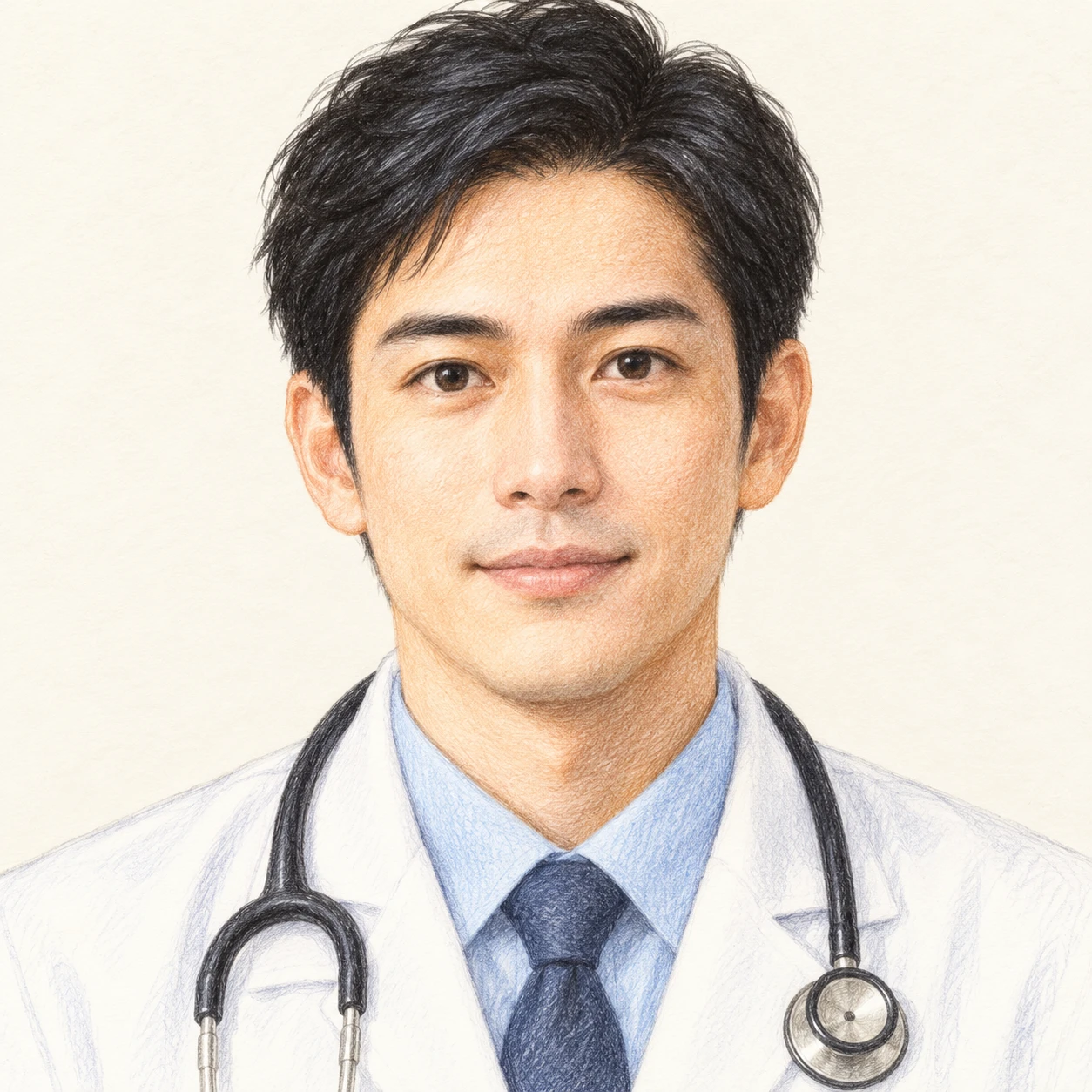 Illustration of one man in a white medical coat with a stethoscope resting around his neck and short black hair, his head and shoulders seen straight from the front with both eyes looking at the viewer and a calm closed-mouth expression, closely cropped so the head and shoulders fill most of the picture, hands not visible, a plain pale background behind him, the lower edge left as empty background with nothing written on it (colored pencil)