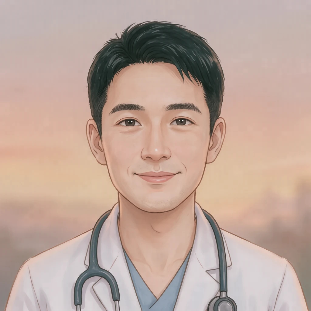 Illustration of one man in a white medical coat with a stethoscope resting around his neck and short black hair, his head and shoulders seen straight from the front with both eyes looking at the viewer and a calm closed-mouth expression, closely cropped so the head and shoulders fill most of the picture, hands not visible, a plain pale background behind him, the lower edge left as empty background with nothing written on it (soft pastel)
