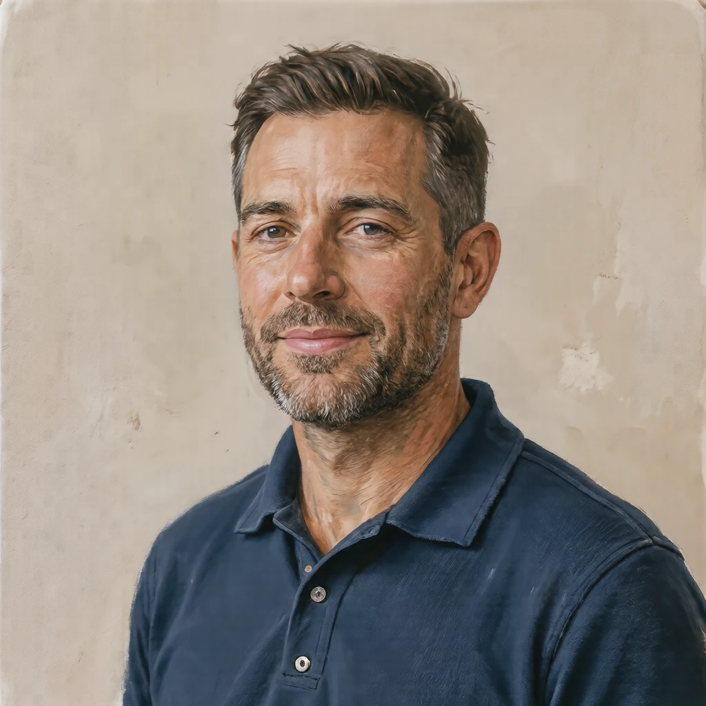 Illustration of one man in a navy driver's polo shirt with a buttoned collar and cropped hair, his head and shoulders seen at a three-quarter angle with his face turned slightly to one side, both eyes visible and looking at the viewer with a calm closed-mouth expression, closely cropped so the head and shoulders fill most of the picture, hands not visible, a plain pale background behind him, the lower edge left as empty background with nothing written on it (gouache)