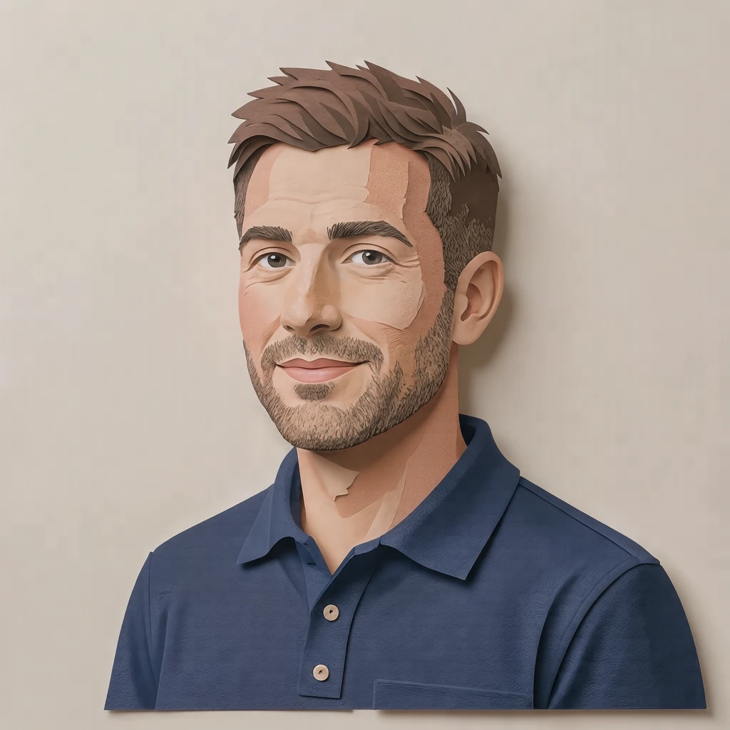 Illustration of one man in a navy driver's polo shirt with a buttoned collar and cropped hair, his head and shoulders seen at a three-quarter angle with his face turned slightly to one side, both eyes visible and looking at the viewer with a calm closed-mouth expression, closely cropped so the head and shoulders fill most of the picture, hands not visible, a plain pale background behind him, the lower edge left as empty background with nothing written on it (paper cut-out)