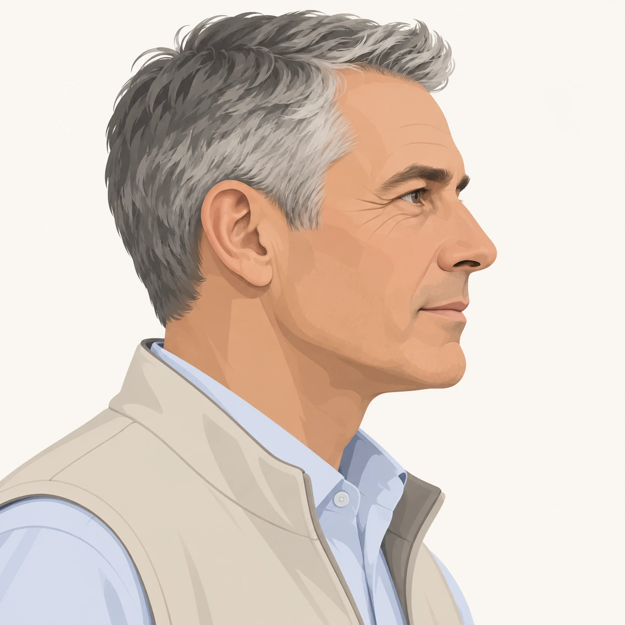 Illustration of one man in a light instructor's vest over a shirt with greying short hair, his head and shoulders seen in full profile from the side with his gaze level ahead and a calm closed-mouth expression, closely cropped so the head and shoulders fill most of the picture, hands not visible, a plain pale background behind him, the lower edge left as empty background with nothing written on it (flat illustration)