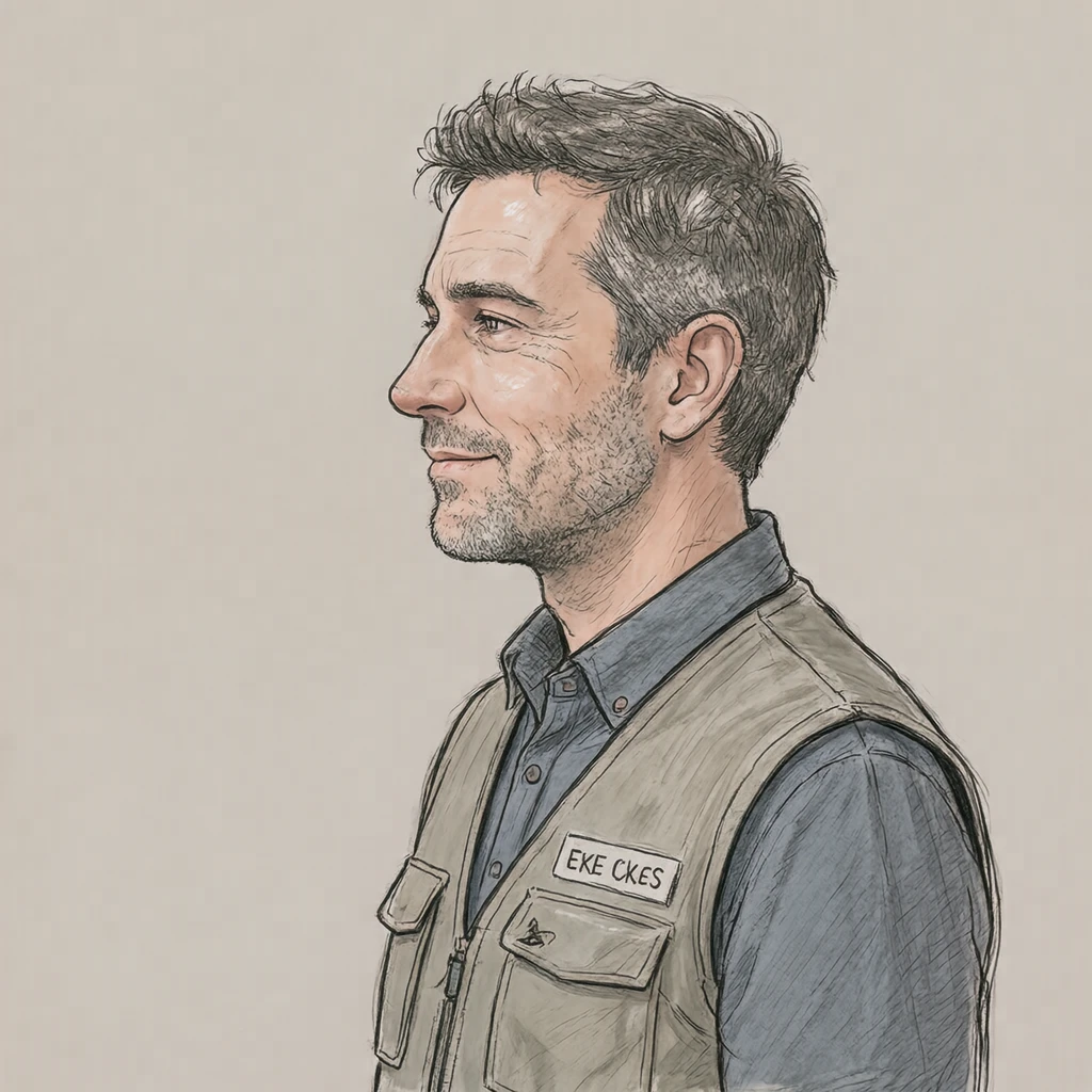 Illustration of one man in a light instructor's vest over a shirt with greying short hair, his head and shoulders seen in full profile from the side with his gaze level ahead and a calm closed-mouth expression, closely cropped so the head and shoulders fill most of the picture, hands not visible, a plain pale background behind him, the lower edge left as empty background with nothing written on it (hand-drawn)