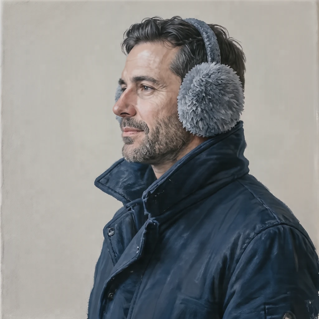 Illustration of one man in fluffy grey earmuffs and a long navy winter coat with the collar turned up, his head and shoulders seen in full profile from the side with his gaze level ahead and a calm closed-mouth expression, closely cropped so the head and shoulders fill most of the picture, hands not visible, a plain pale background behind him, the lower edge left as empty background with nothing written on it (gouache)