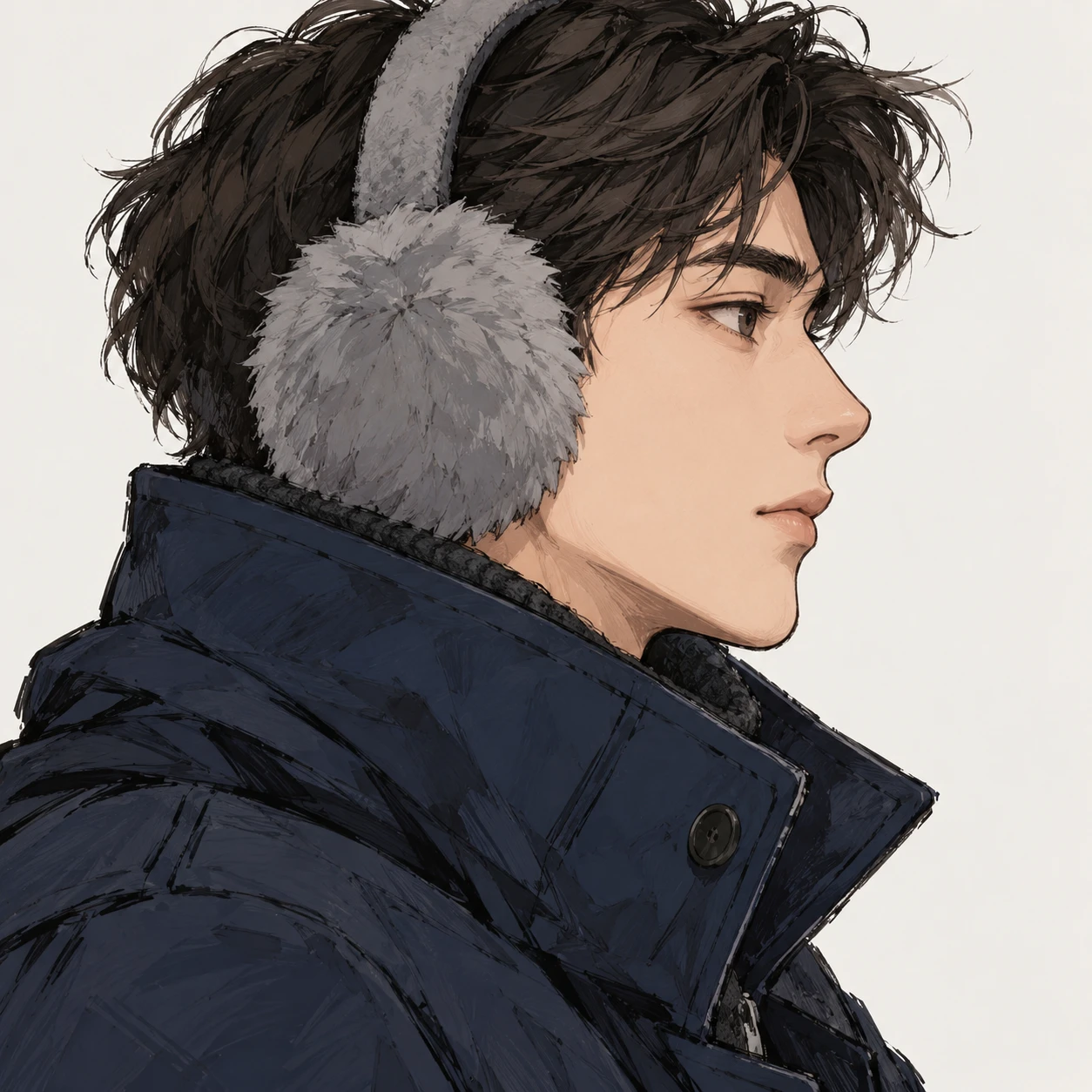 Illustration of one man in fluffy grey earmuffs and a long navy winter coat with the collar turned up, his head and shoulders seen in full profile from the side with his gaze level ahead and a calm closed-mouth expression, closely cropped so the head and shoulders fill most of the picture, hands not visible, a plain pale background behind him, the lower edge left as empty background with nothing written on it (hand-drawn)