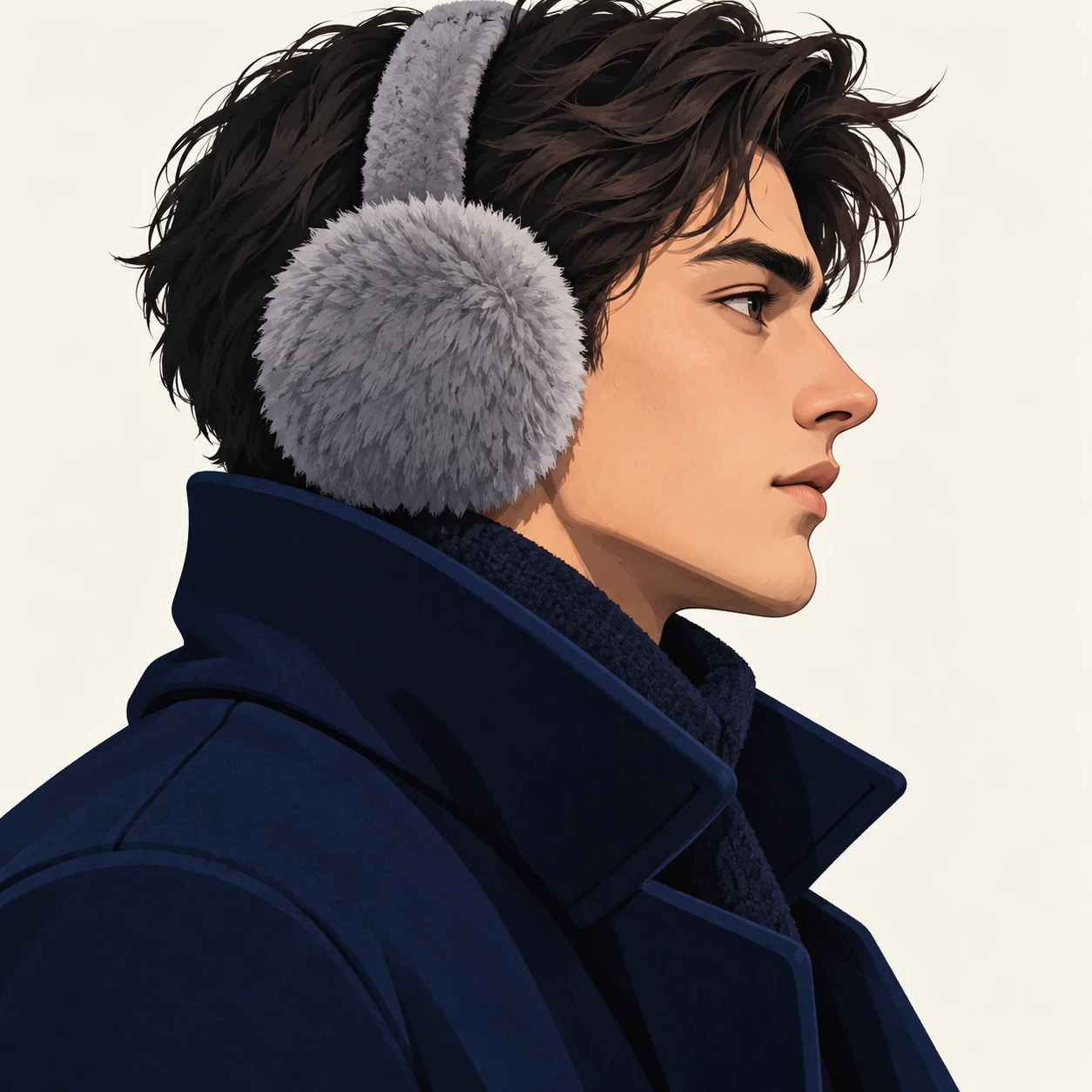 Illustration of one man in fluffy grey earmuffs and a long navy winter coat with the collar turned up, his head and shoulders seen in full profile from the side with his gaze level ahead and a calm closed-mouth expression, closely cropped so the head and shoulders fill most of the picture, hands not visible, a plain pale background behind him, the lower edge left as empty background with nothing written on it (bold graphic)