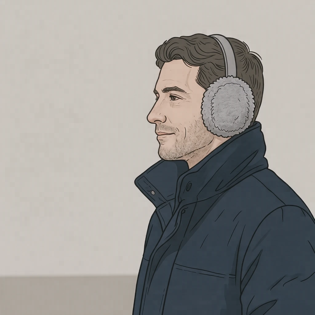Illustration of one man in fluffy grey earmuffs and a long navy winter coat with the collar turned up, his head and shoulders seen in full profile from the side with his gaze level ahead and a calm closed-mouth expression, closely cropped so the head and shoulders fill most of the picture, hands not visible, a plain pale background behind him, the lower edge left as empty background with nothing written on it (simple line art)