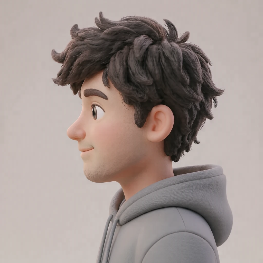 Illustration of one man in a plain grey hoodie with tousled dark hair, his head and shoulders seen in full profile from the side with his gaze level ahead and a calm closed-mouth expression, closely cropped so the head and shoulders fill most of the picture, hands not visible, a plain pale background behind him, the lower edge left as empty background with nothing written on it (soft 3D)