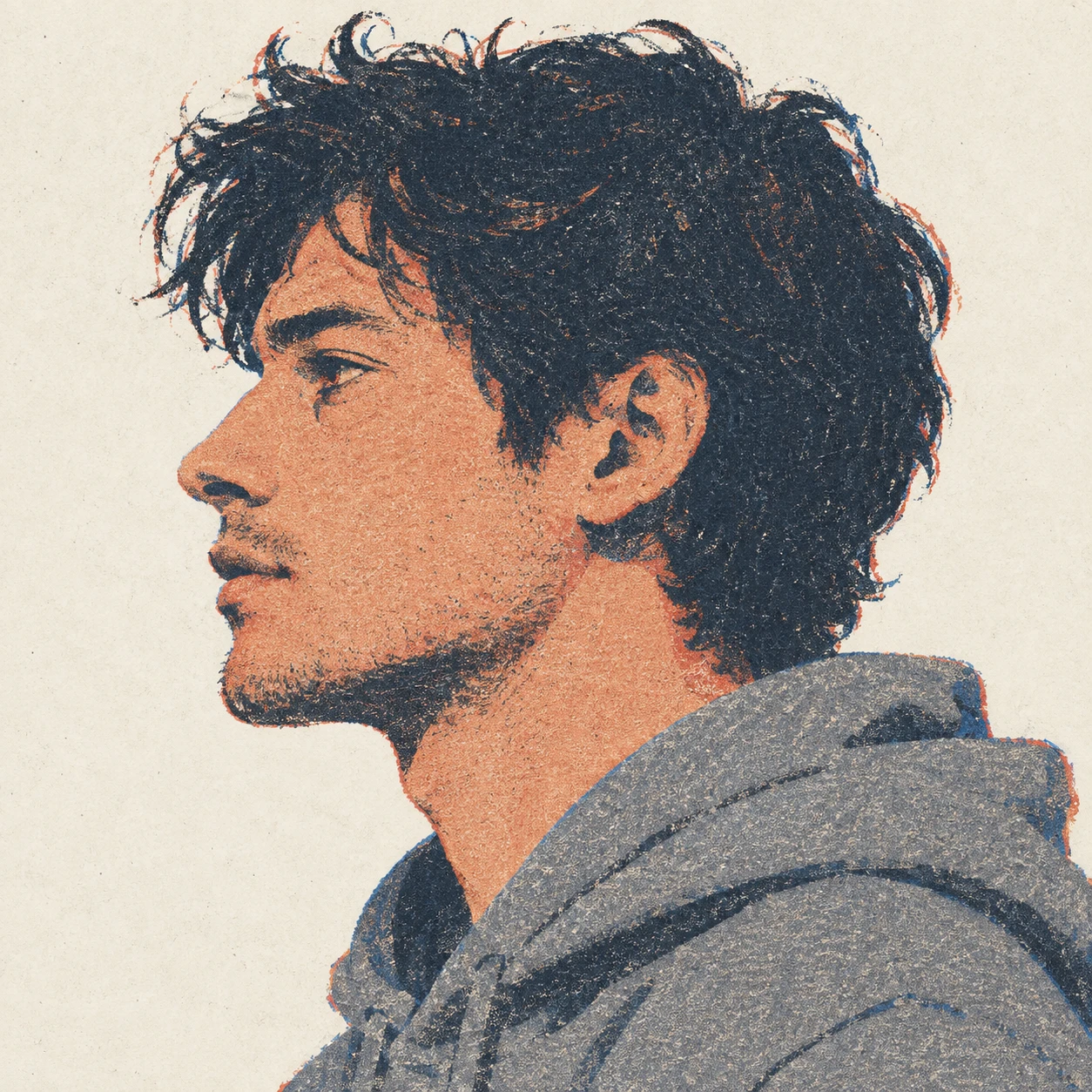 Illustration of one man in a plain grey hoodie with tousled dark hair, his head and shoulders seen in full profile from the side with his gaze level ahead and a calm closed-mouth expression, closely cropped so the head and shoulders fill most of the picture, hands not visible, a plain pale background behind him, the lower edge left as empty background with nothing written on it (retro print)