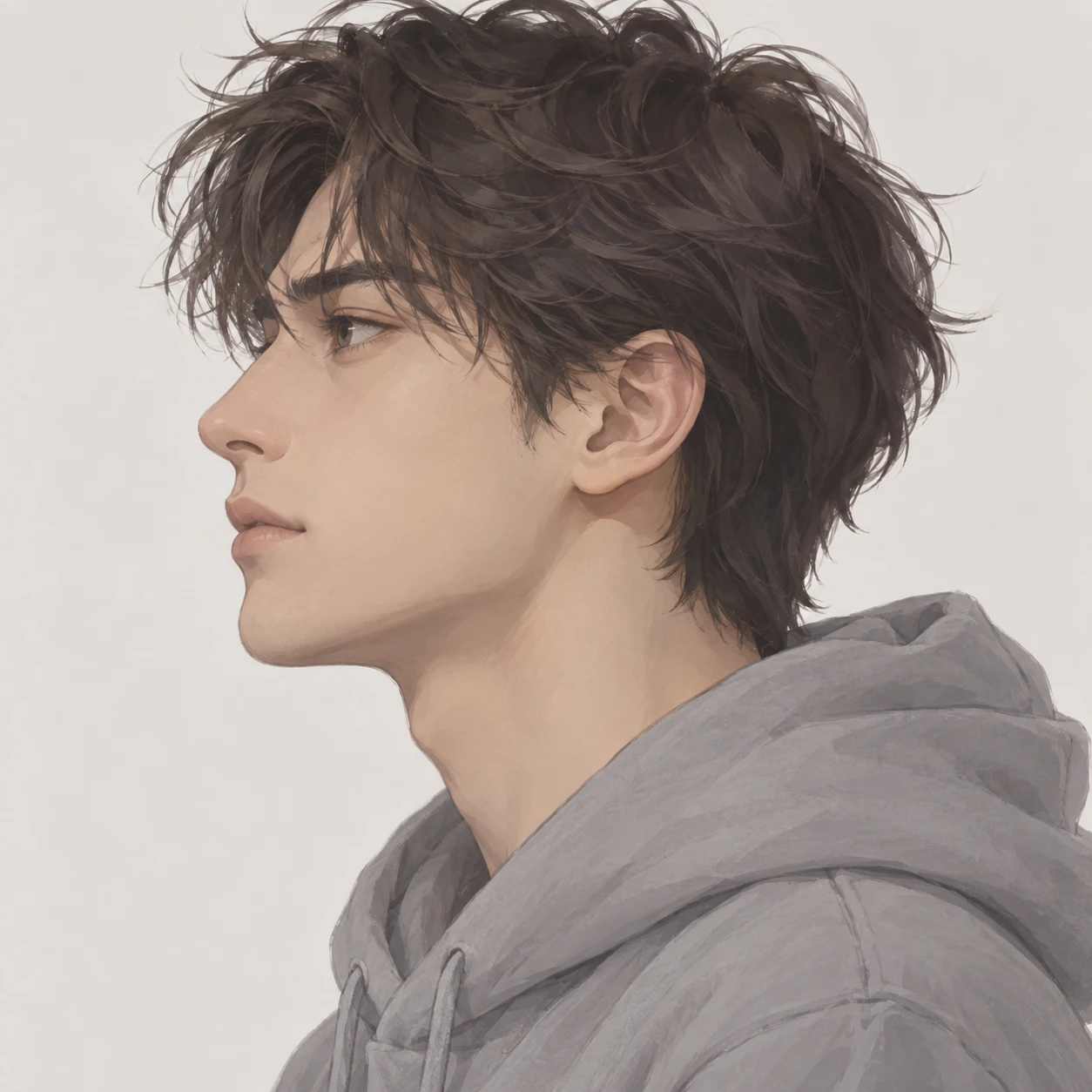 Illustration of one man in a plain grey hoodie with tousled dark hair, his head and shoulders seen in full profile from the side with his gaze level ahead and a calm closed-mouth expression, closely cropped so the head and shoulders fill most of the picture, hands not visible, a plain pale background behind him, the lower edge left as empty background with nothing written on it (soft pastel)