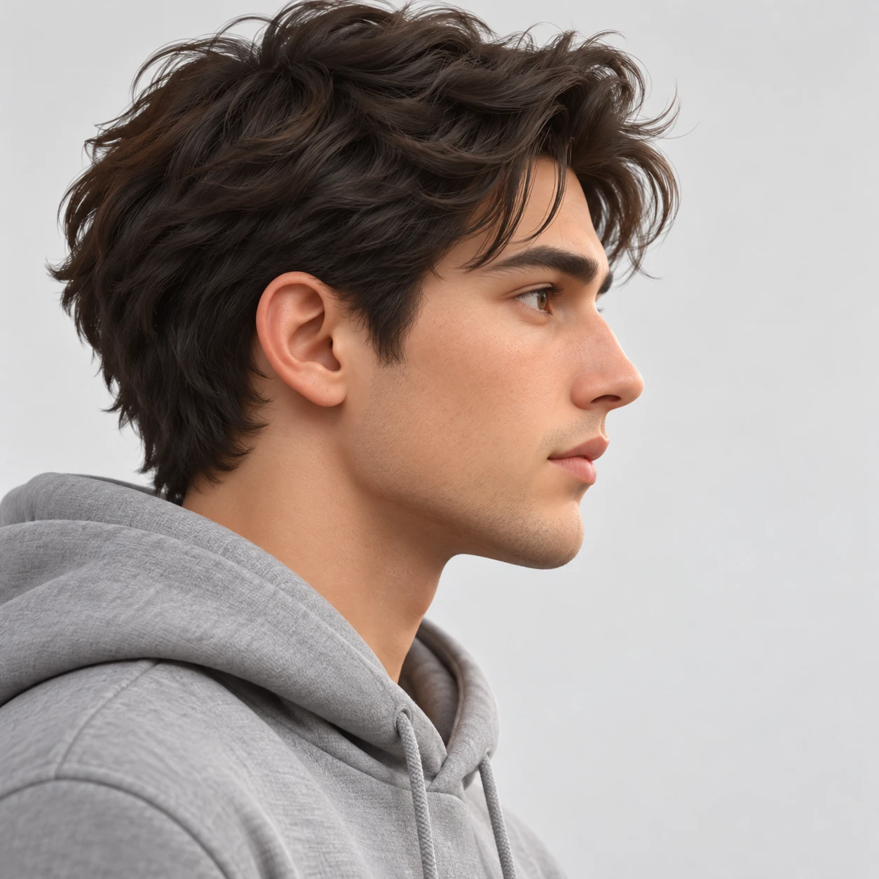 Illustration of one man in a plain grey hoodie with tousled dark hair, his head and shoulders seen in full profile from the side with his gaze level ahead and a calm closed-mouth expression, closely cropped so the head and shoulders fill most of the picture, hands not visible, a plain pale background behind him, the lower edge left as empty background with nothing written on it (soft 3D)