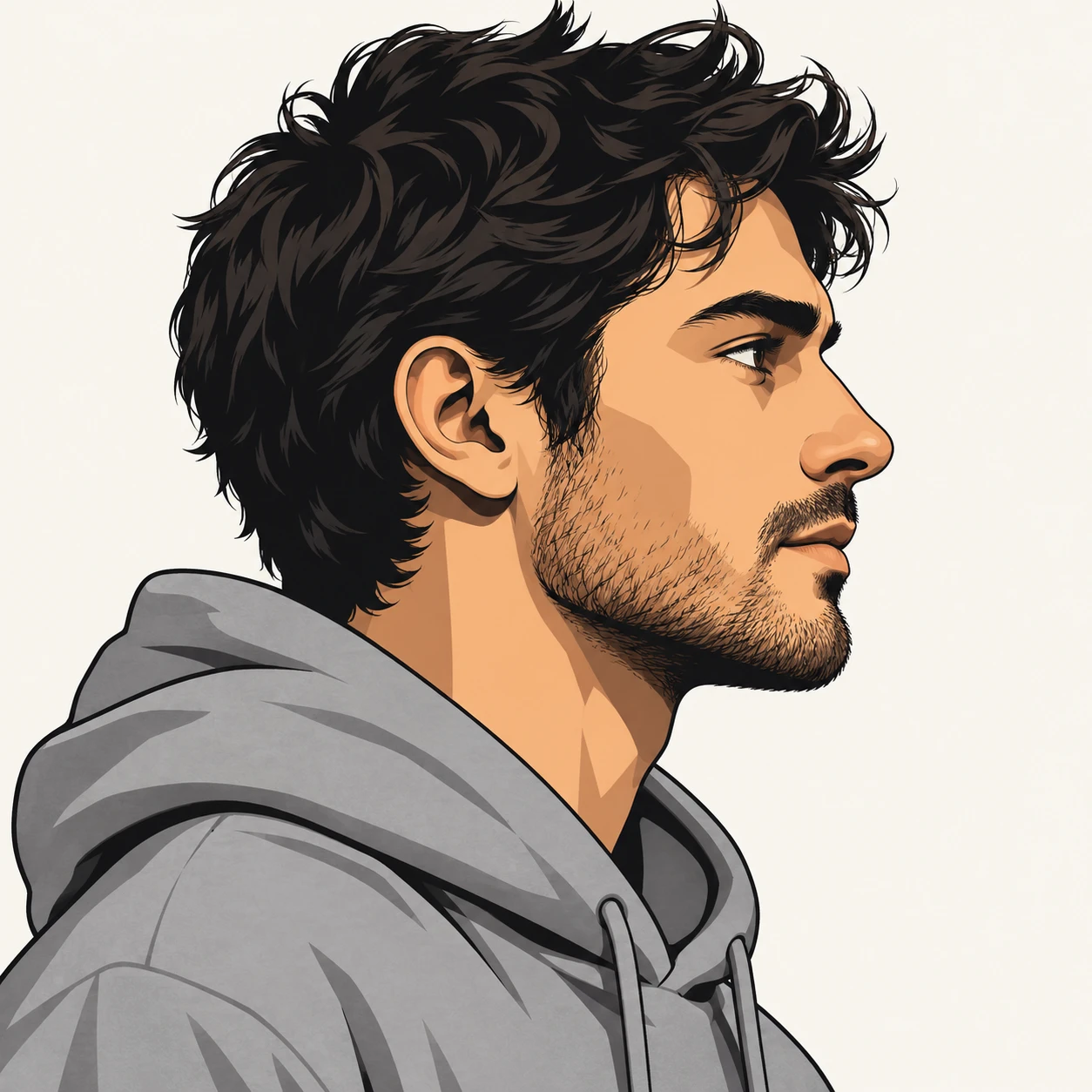 Illustration of one man in a plain grey hoodie with tousled dark hair, his head and shoulders seen in full profile from the side with his gaze level ahead and a calm closed-mouth expression, closely cropped so the head and shoulders fill most of the picture, hands not visible, a plain pale background behind him, the lower edge left as empty background with nothing written on it (bold graphic)