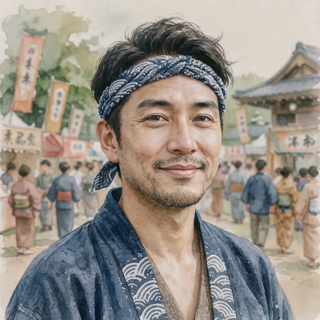 Illustration of one man in a plain indigo festival happi coat with a white wave pattern along the collar and a twisted cloth headband around his forehead, his head and shoulders seen at a three-quarter angle with his face turned slightly to one side, both eyes visible and looking at the viewer with a calm closed-mouth expression, closely cropped so the head and shoulders fill most of the picture, hands not visible, a plain pale background behind him, the lower edge left as empty background with nothing written on it (watercolor)