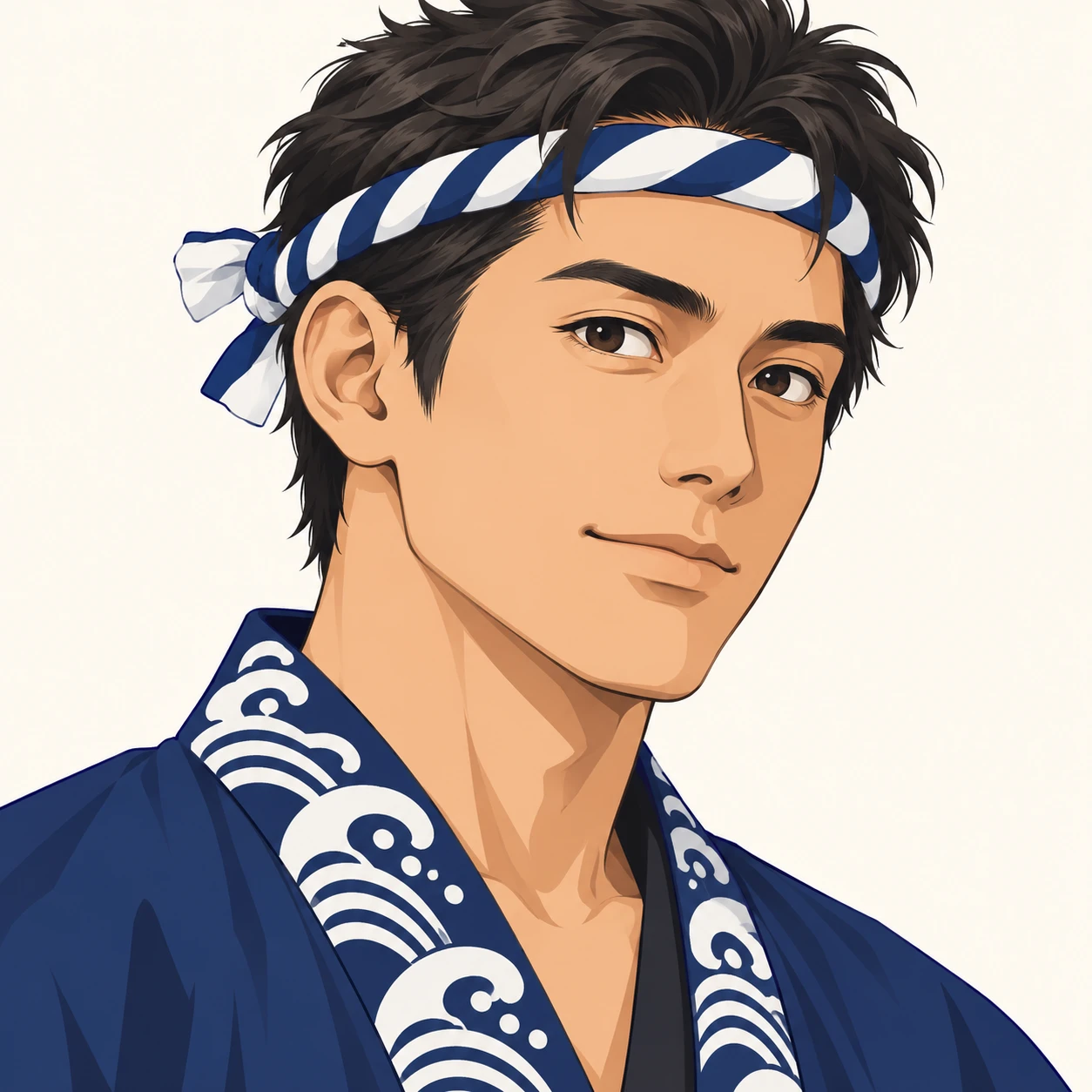 Illustration of one man in a plain indigo festival happi coat with a white wave pattern along the collar and a twisted cloth headband around his forehead, his head and shoulders seen at a three-quarter angle with his face turned slightly to one side, both eyes visible and looking at the viewer with a calm closed-mouth expression, closely cropped so the head and shoulders fill most of the picture, hands not visible, a plain pale background behind him, the lower edge left as empty background with nothing written on it (flat illustration)