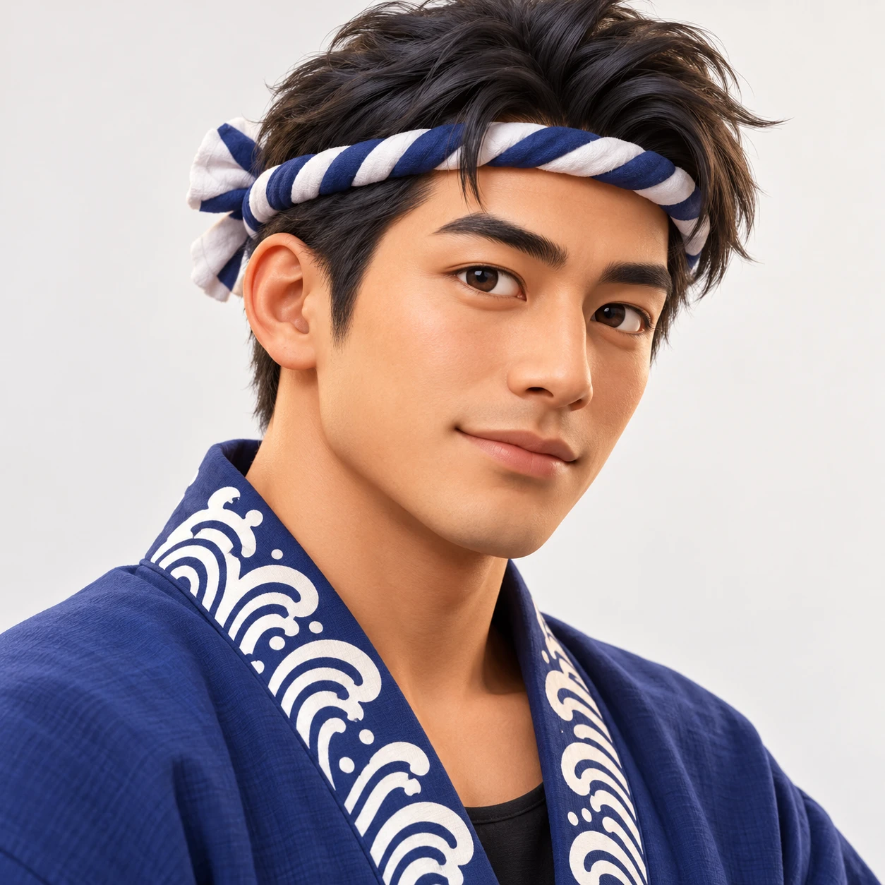 Illustration of one man in a plain indigo festival happi coat with a white wave pattern along the collar and a twisted cloth headband around his forehead, his head and shoulders seen at a three-quarter angle with his face turned slightly to one side, both eyes visible and looking at the viewer with a calm closed-mouth expression, closely cropped so the head and shoulders fill most of the picture, hands not visible, a plain pale background behind him, the lower edge left as empty background with nothing written on it (soft 3D)
