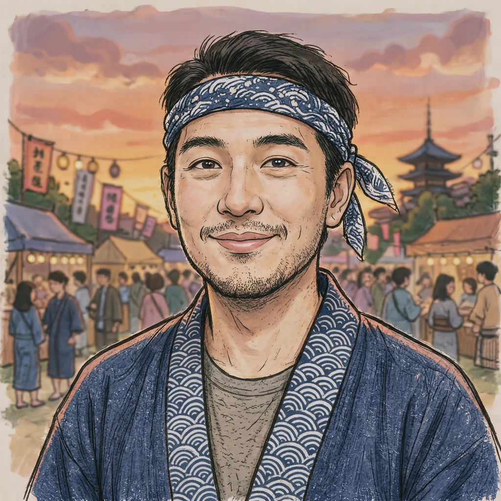 Illustration of one man in a plain indigo festival happi coat with a white wave pattern along the collar and a twisted cloth headband around his forehead, his head and shoulders seen at a three-quarter angle with his face turned slightly to one side, both eyes visible and looking at the viewer with a calm closed-mouth expression, closely cropped so the head and shoulders fill most of the picture, hands not visible, a plain pale background behind him, the lower edge left as empty background with nothing written on it (hand-drawn)