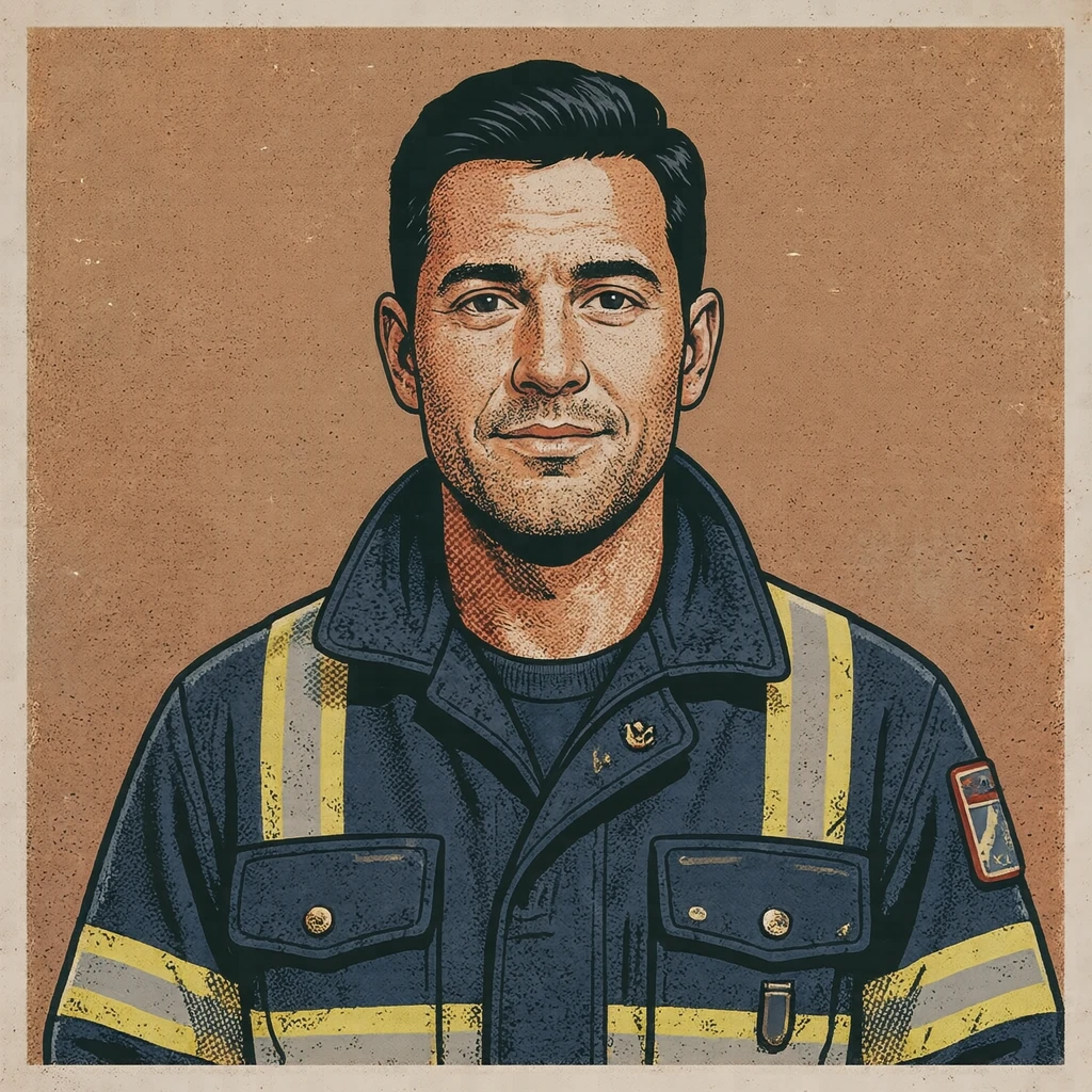 Illustration of one man in a navy fire-service jacket with reflective bands across the chest and close-cropped black hair, his head and shoulders seen straight from the front with both eyes looking at the viewer and a calm closed-mouth expression, closely cropped so the head and shoulders fill most of the picture, hands not visible, a plain pale background behind him, the lower edge left as empty background with nothing written on it (retro print)