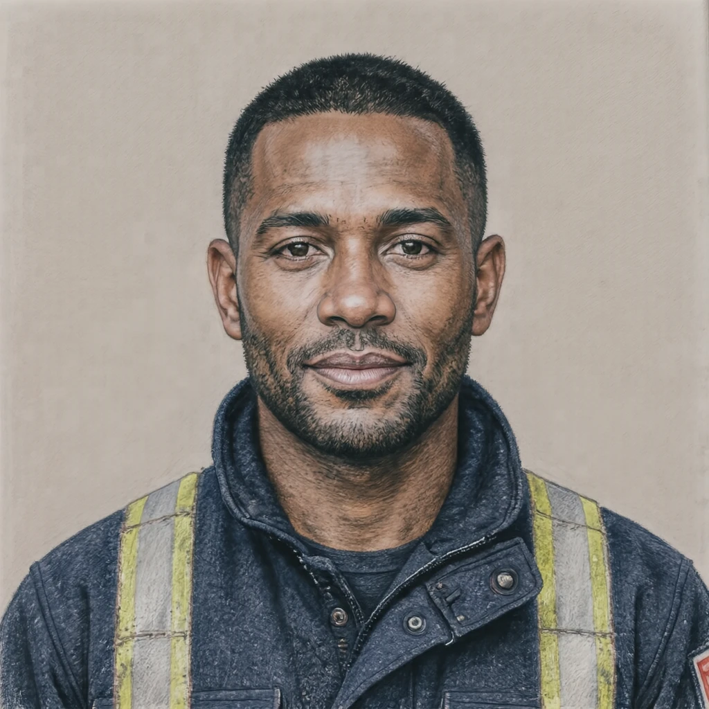 Illustration of one man in a navy fire-service jacket with reflective bands across the chest and close-cropped black hair, his head and shoulders seen straight from the front with both eyes looking at the viewer and a calm closed-mouth expression, closely cropped so the head and shoulders fill most of the picture, hands not visible, a plain pale background behind him, the lower edge left as empty background with nothing written on it (colored pencil)