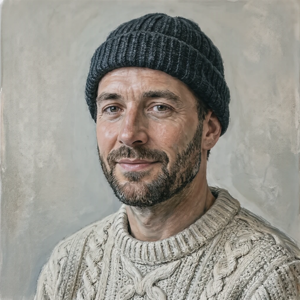 Illustration of one man in a cream cable-knit fisherman sweater and a dark knitted watch cap with a short trimmed beard, his head and shoulders seen at a three-quarter angle with his face turned slightly to one side, both eyes visible and looking at the viewer with a calm closed-mouth expression, closely cropped so the head and shoulders fill most of the picture, hands not visible, a plain pale background behind him, the lower edge left as empty background with nothing written on it (gouache)
