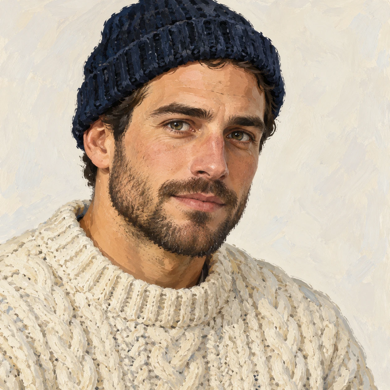 Illustration of one man in a cream cable-knit fisherman sweater and a dark knitted watch cap with a short trimmed beard, his head and shoulders seen at a three-quarter angle with his face turned slightly to one side, both eyes visible and looking at the viewer with a calm closed-mouth expression, closely cropped so the head and shoulders fill most of the picture, hands not visible, a plain pale background behind him, the lower edge left as empty background with nothing written on it (gouache)