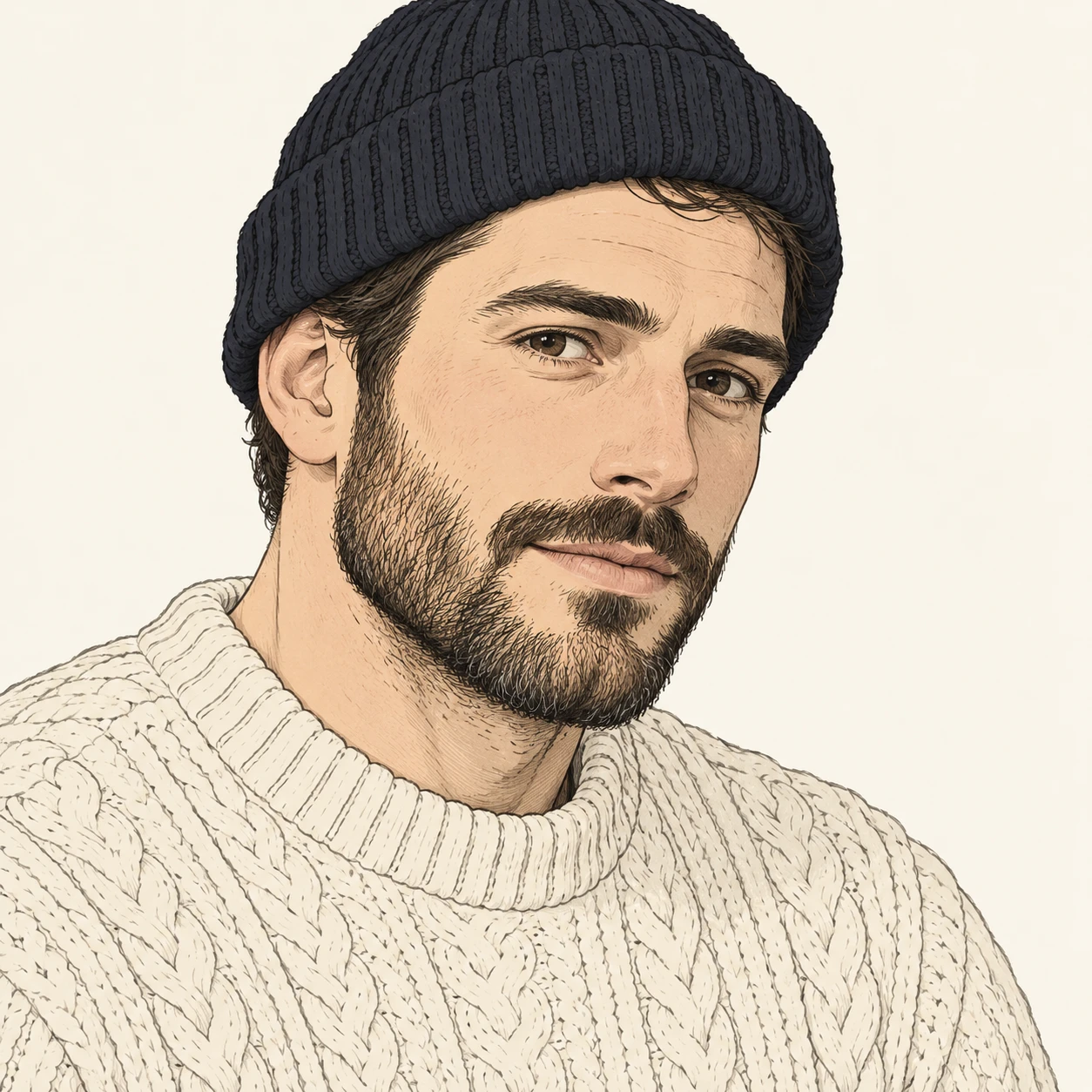 Illustration of one man in a cream cable-knit fisherman sweater and a dark knitted watch cap with a short trimmed beard, his head and shoulders seen at a three-quarter angle with his face turned slightly to one side, both eyes visible and looking at the viewer with a calm closed-mouth expression, closely cropped so the head and shoulders fill most of the picture, hands not visible, a plain pale background behind him, the lower edge left as empty background with nothing written on it (simple line art)