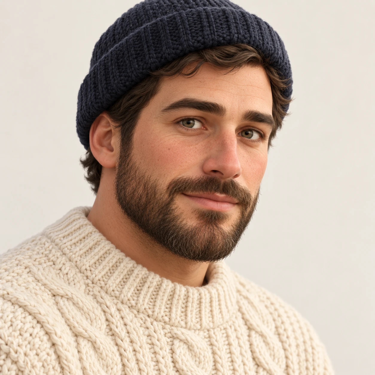 Illustration of one man in a cream cable-knit fisherman sweater and a dark knitted watch cap with a short trimmed beard, his head and shoulders seen at a three-quarter angle with his face turned slightly to one side, both eyes visible and looking at the viewer with a calm closed-mouth expression, closely cropped so the head and shoulders fill most of the picture, hands not visible, a plain pale background behind him, the lower edge left as empty background with nothing written on it (soft 3D)