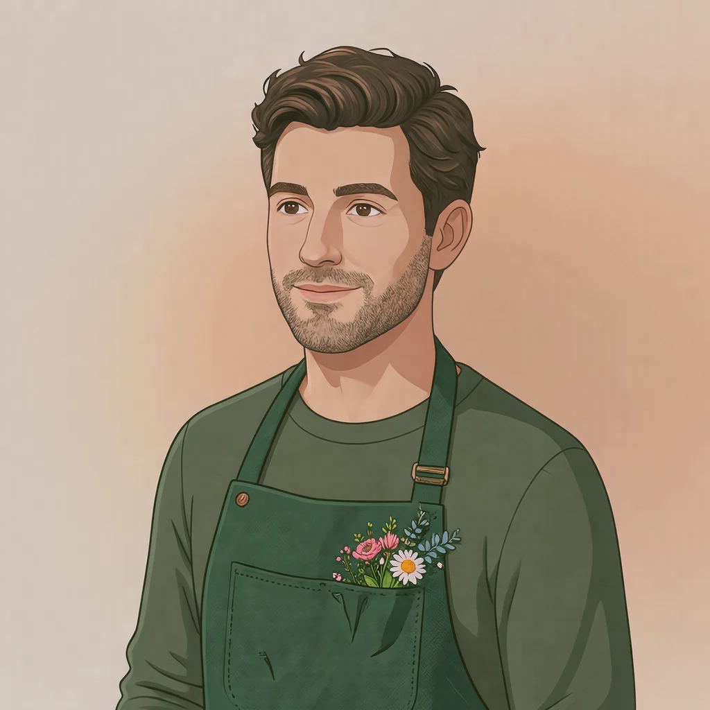 Illustration of one man in a dark green florist's apron with a few fresh flowers tucked into the bib pocket and short wavy hair, his head and shoulders seen at a three-quarter angle with his face turned slightly to one side, both eyes visible and looking at the viewer with a calm closed-mouth expression, closely cropped so the head and shoulders fill most of the picture, hands not visible, a plain pale background behind him, the lower edge left as empty background with nothing written on it (isometric)
