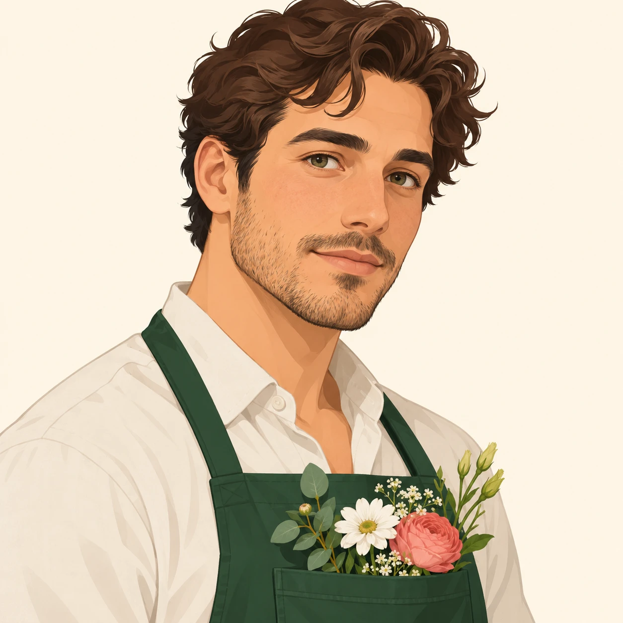 Illustration of one man in a dark green florist's apron with a few fresh flowers tucked into the bib pocket and short wavy hair, his head and shoulders seen at a three-quarter angle with his face turned slightly to one side, both eyes visible and looking at the viewer with a calm closed-mouth expression, closely cropped so the head and shoulders fill most of the picture, hands not visible, a plain pale background behind him, the lower edge left as empty background with nothing written on it (flat illustration)