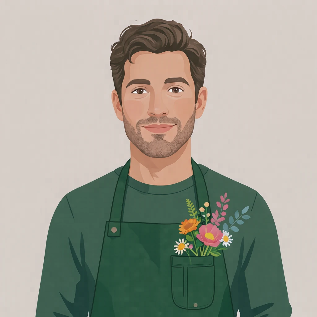 Illustration of one man in a dark green florist's apron with a few fresh flowers tucked into the bib pocket and short wavy hair, his head and shoulders seen at a three-quarter angle with his face turned slightly to one side, both eyes visible and looking at the viewer with a calm closed-mouth expression, closely cropped so the head and shoulders fill most of the picture, hands not visible, a plain pale background behind him, the lower edge left as empty background with nothing written on it (flat illustration)