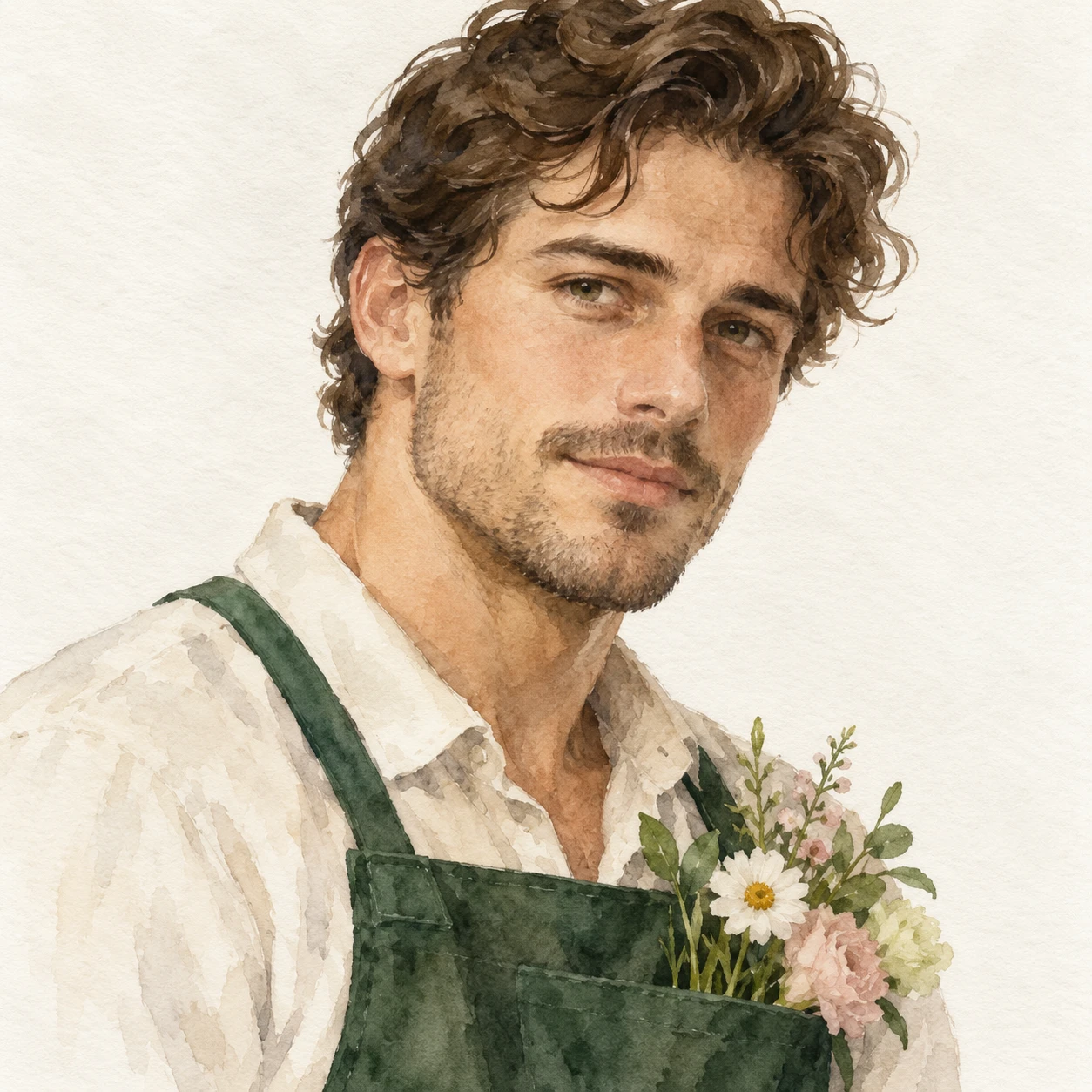Illustration of one man in a dark green florist's apron with a few fresh flowers tucked into the bib pocket and short wavy hair, his head and shoulders seen at a three-quarter angle with his face turned slightly to one side, both eyes visible and looking at the viewer with a calm closed-mouth expression, closely cropped so the head and shoulders fill most of the picture, hands not visible, a plain pale background behind him, the lower edge left as empty background with nothing written on it (watercolor)