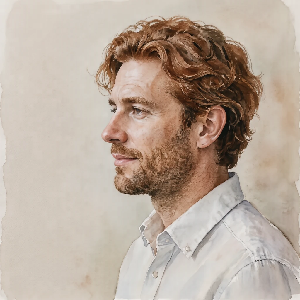 Illustration of one man in a crisp white shirt with wavy auburn hair, his head and shoulders seen in full profile from the side with his gaze level ahead and a calm closed-mouth expression, closely cropped so the head and shoulders fill most of the picture, hands not visible, a plain pale background behind him, the lower edge left as empty background with nothing written on it (watercolor)