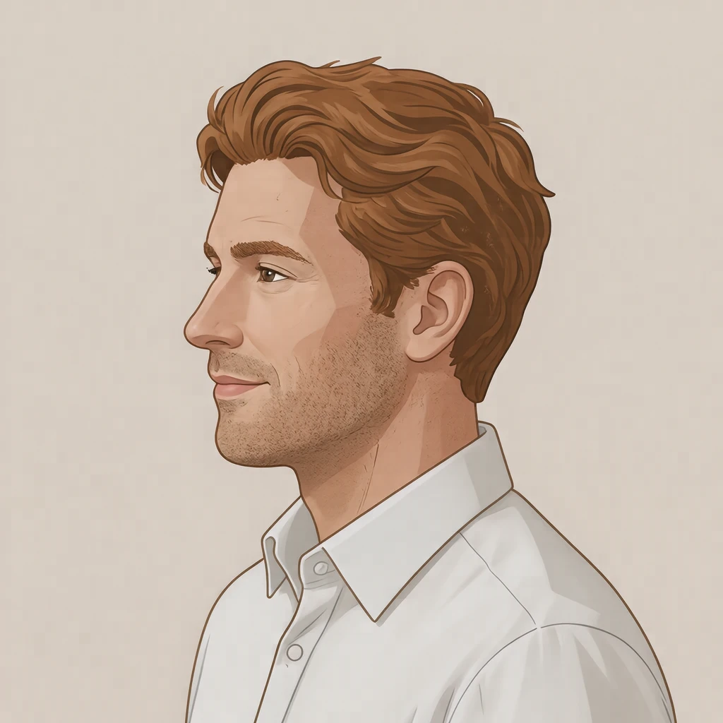 Illustration of one man in a crisp white shirt with wavy auburn hair, his head and shoulders seen in full profile from the side with his gaze level ahead and a calm closed-mouth expression, closely cropped so the head and shoulders fill most of the picture, hands not visible, a plain pale background behind him, the lower edge left as empty background with nothing written on it (isometric)