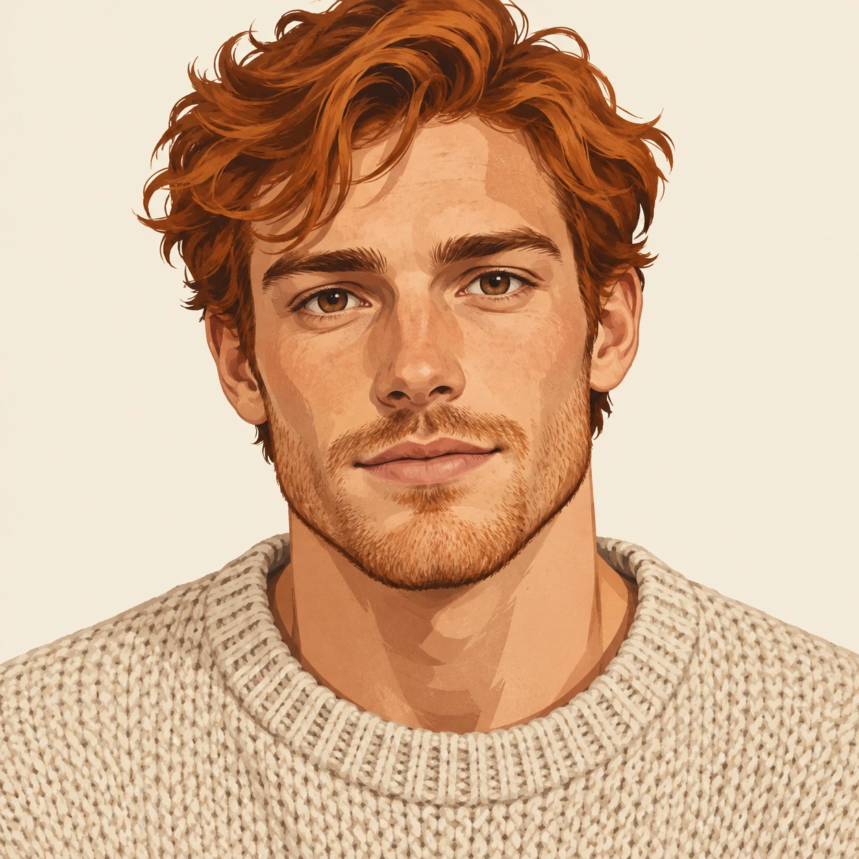 Illustration of one man in a loose oatmeal knit jumper with warm copper hair, his head and shoulders seen straight from the front with both eyes looking at the viewer and a calm closed-mouth expression, closely cropped so the head and shoulders fill most of the picture, hands not visible, a plain pale background behind him, the lower edge left as empty background with nothing written on it (bold graphic)