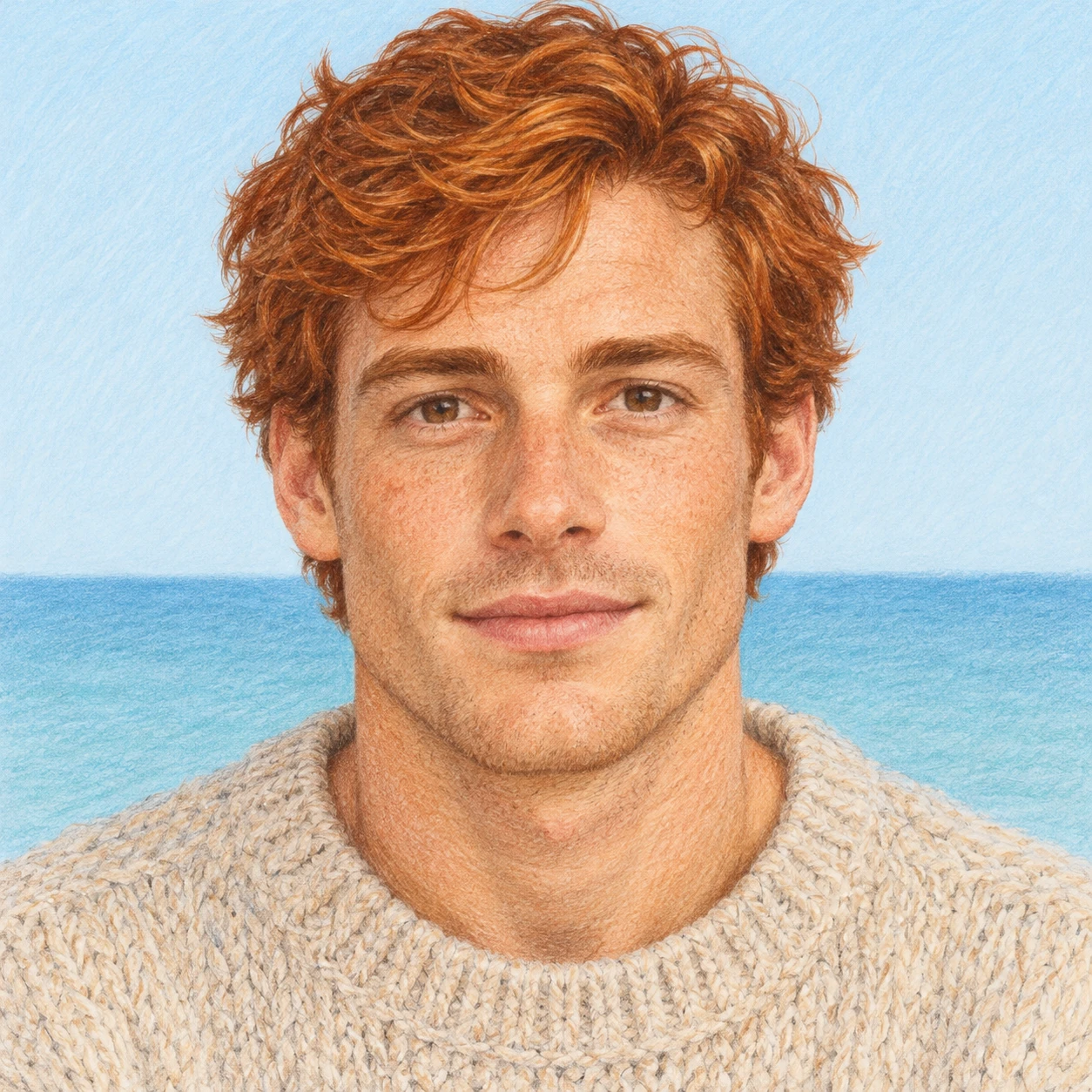 Illustration of one man in a loose oatmeal knit jumper with warm copper hair, his head and shoulders seen straight from the front with both eyes looking at the viewer and a calm closed-mouth expression, closely cropped so the head and shoulders fill most of the picture, hands not visible, a plain pale background behind him, the lower edge left as empty background with nothing written on it (colored pencil)