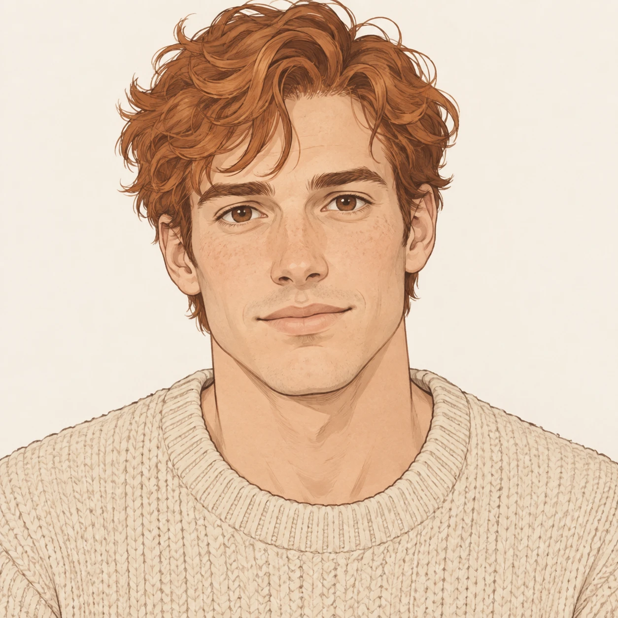 Illustration of one man in a loose oatmeal knit jumper with warm copper hair, his head and shoulders seen straight from the front with both eyes looking at the viewer and a calm closed-mouth expression, closely cropped so the head and shoulders fill most of the picture, hands not visible, a plain pale background behind him, the lower edge left as empty background with nothing written on it (simple line art)