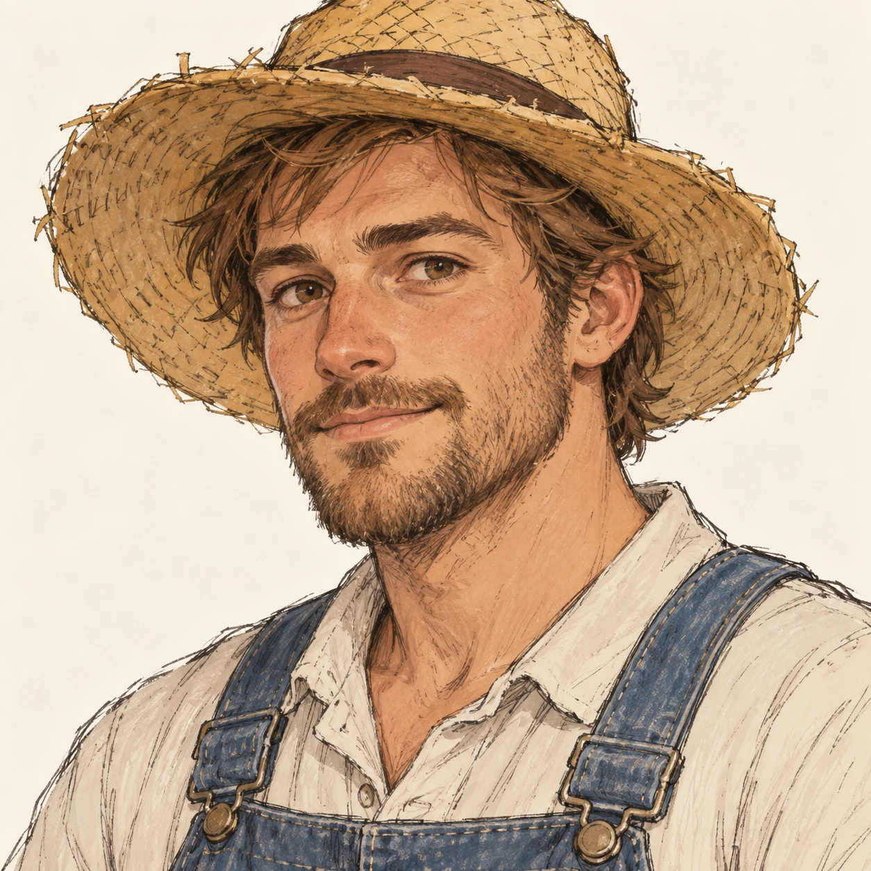 無地を背にした斜め向きのオーバーオールと麦わら帽子の男性のイラスト（手描き風）