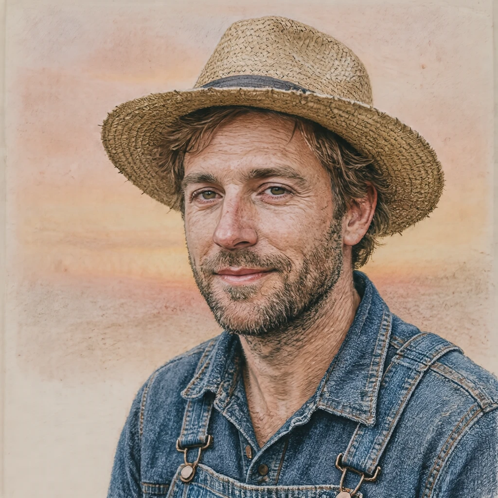 Illustration of one man in denim overalls and a straw hat over light brown hair, his head and shoulders seen at a three-quarter angle with his face turned slightly to one side, both eyes visible and looking at the viewer with a calm closed-mouth expression, closely cropped so the head and shoulders fill most of the picture, hands not visible, a plain pale background behind him, the lower edge left as empty background with nothing written on it (colored pencil)