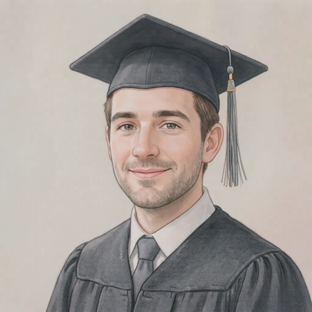 Illustration of one man in a dark graduation gown and a square graduation cap with a tassel over short neat hair, his head and shoulders seen at a three-quarter angle with his face turned slightly to one side, both eyes visible and looking at the viewer with a calm closed-mouth expression, closely cropped so the head and shoulders fill most of the picture, hands not visible, a plain pale background behind him, the lower edge left as empty background with nothing written on it (soft pastel)