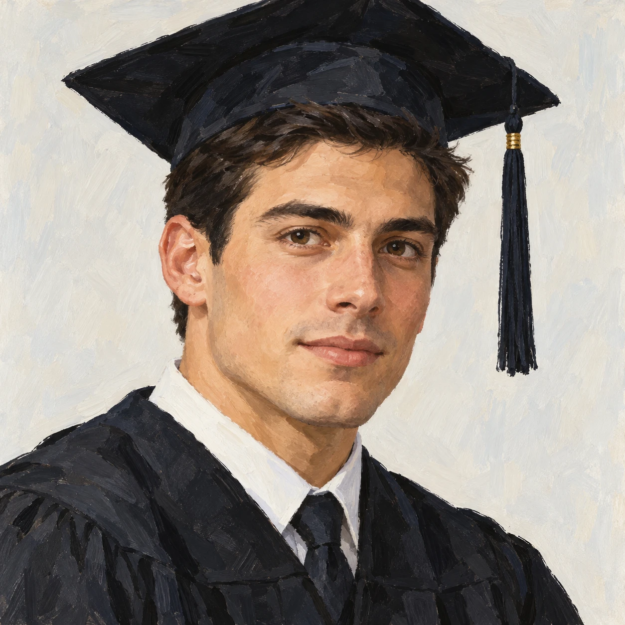 Illustration of one man in a dark graduation gown and a square graduation cap with a tassel over short neat hair, his head and shoulders seen at a three-quarter angle with his face turned slightly to one side, both eyes visible and looking at the viewer with a calm closed-mouth expression, closely cropped so the head and shoulders fill most of the picture, hands not visible, a plain pale background behind him, the lower edge left as empty background with nothing written on it (gouache)