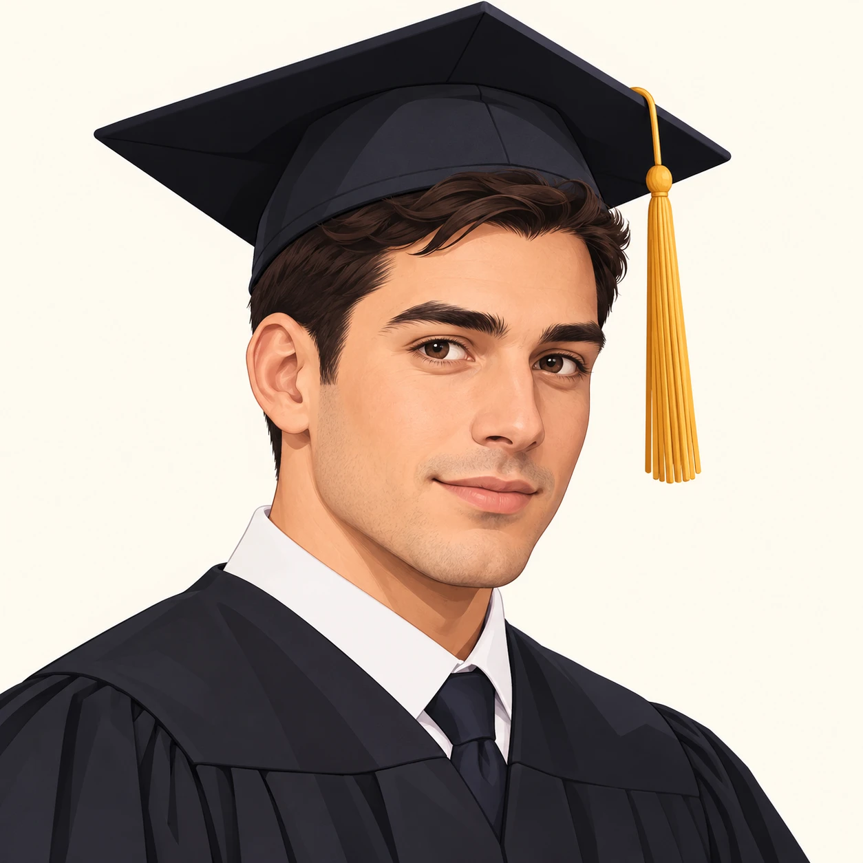 Illustration of one man in a dark graduation gown and a square graduation cap with a tassel over short neat hair, his head and shoulders seen at a three-quarter angle with his face turned slightly to one side, both eyes visible and looking at the viewer with a calm closed-mouth expression, closely cropped so the head and shoulders fill most of the picture, hands not visible, a plain pale background behind him, the lower edge left as empty background with nothing written on it (isometric)