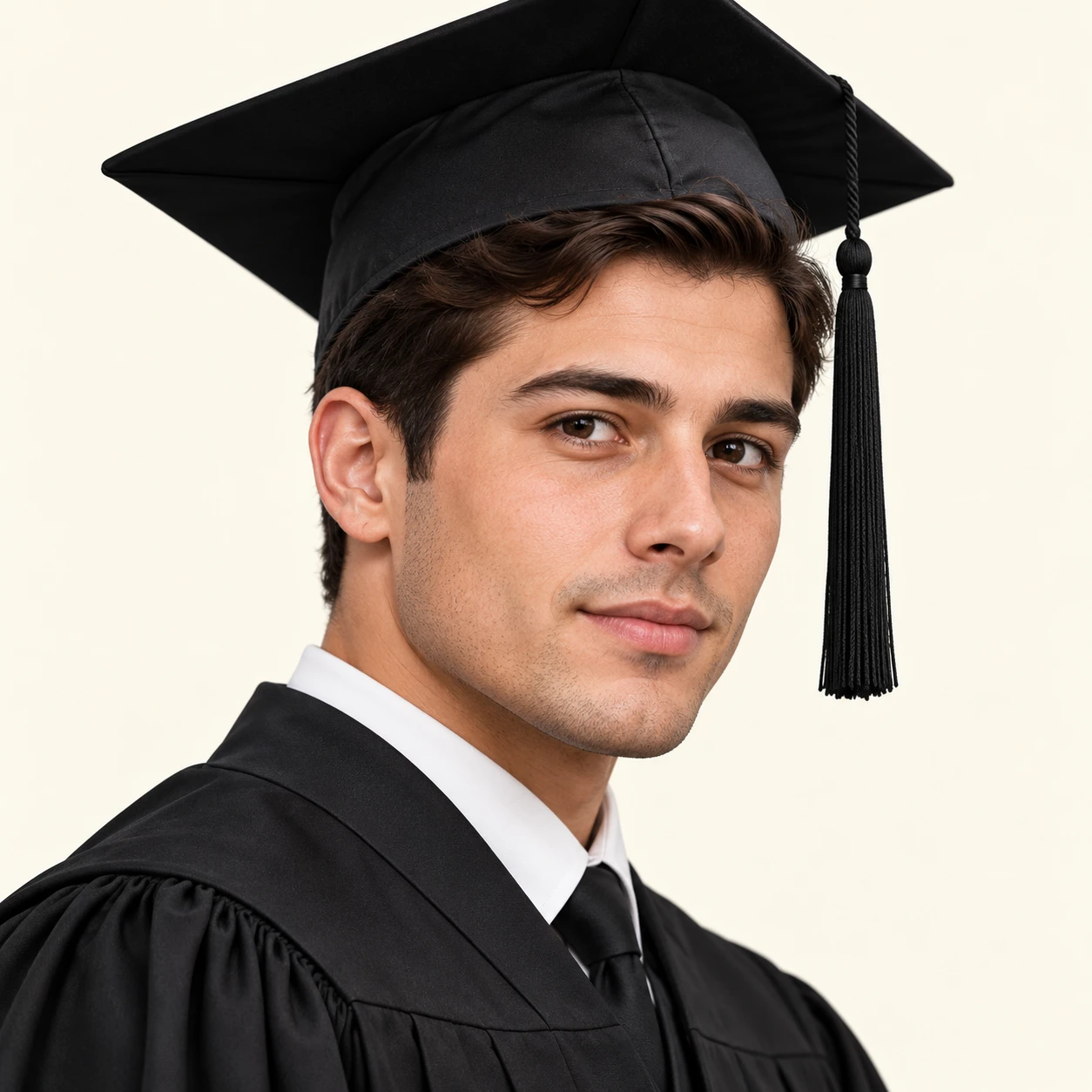 Illustration of one man in a dark graduation gown and a square graduation cap with a tassel over short neat hair, his head and shoulders seen at a three-quarter angle with his face turned slightly to one side, both eyes visible and looking at the viewer with a calm closed-mouth expression, closely cropped so the head and shoulders fill most of the picture, hands not visible, a plain pale background behind him, the lower edge left as empty background with nothing written on it (bold graphic)