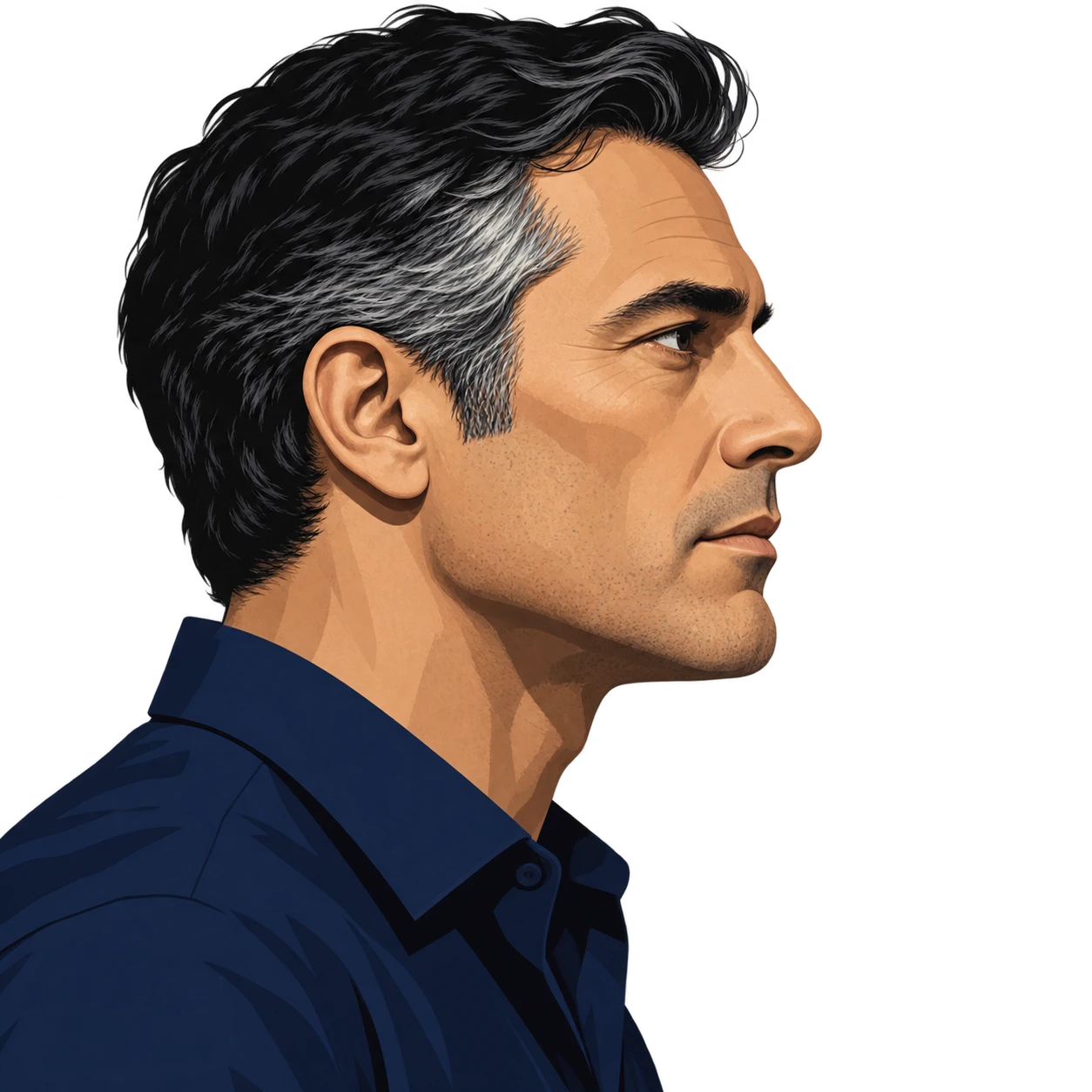 Illustration of one man with black hair greying at the temples and a deep navy shirt, his head and shoulders seen in full profile from the side with his gaze level ahead and a calm closed-mouth expression, closely cropped so the head and shoulders fill most of the picture, hands not visible, a plain pale background behind him, the lower edge left as empty background with nothing written on it (bold graphic)