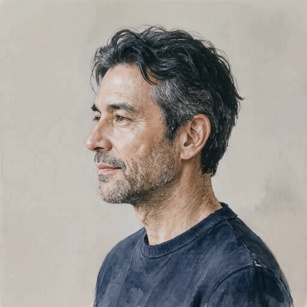Illustration of one man with black hair greying at the temples and a deep navy shirt, his head and shoulders seen in full profile from the side with his gaze level ahead and a calm closed-mouth expression, closely cropped so the head and shoulders fill most of the picture, hands not visible, a plain pale background behind him, the lower edge left as empty background with nothing written on it (watercolor)